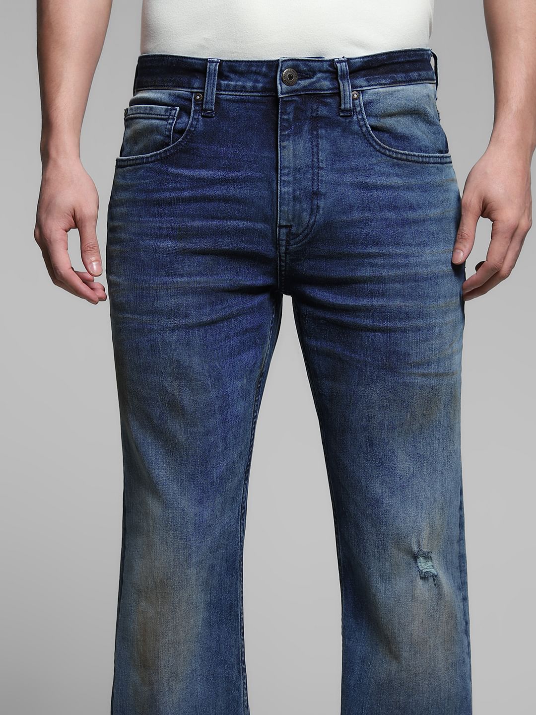 Blue Mildly Distressed Cliff Bootcut Jeans
