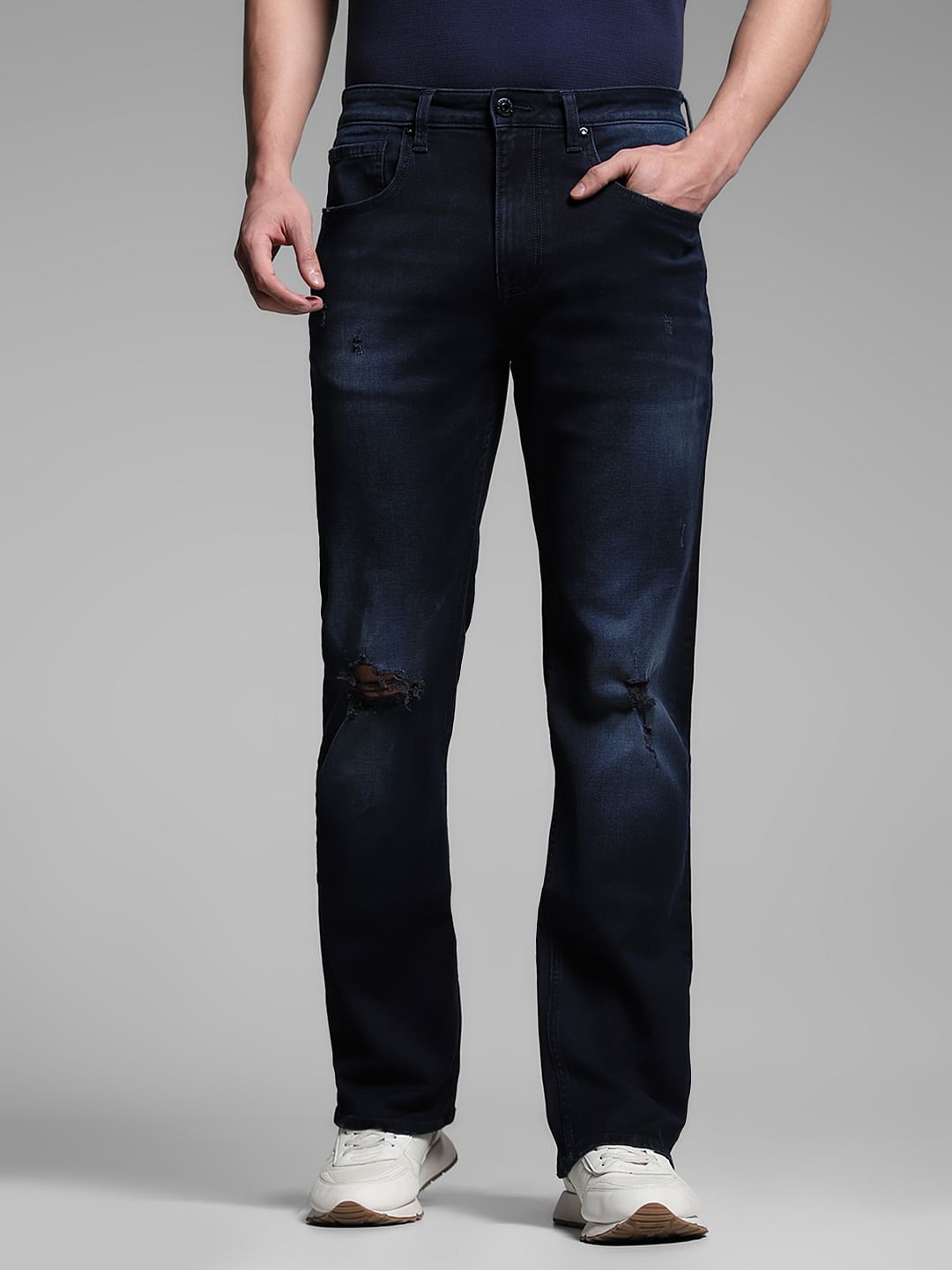 Dark Blue Mildly Distressed Cliff Bootcut Jeans