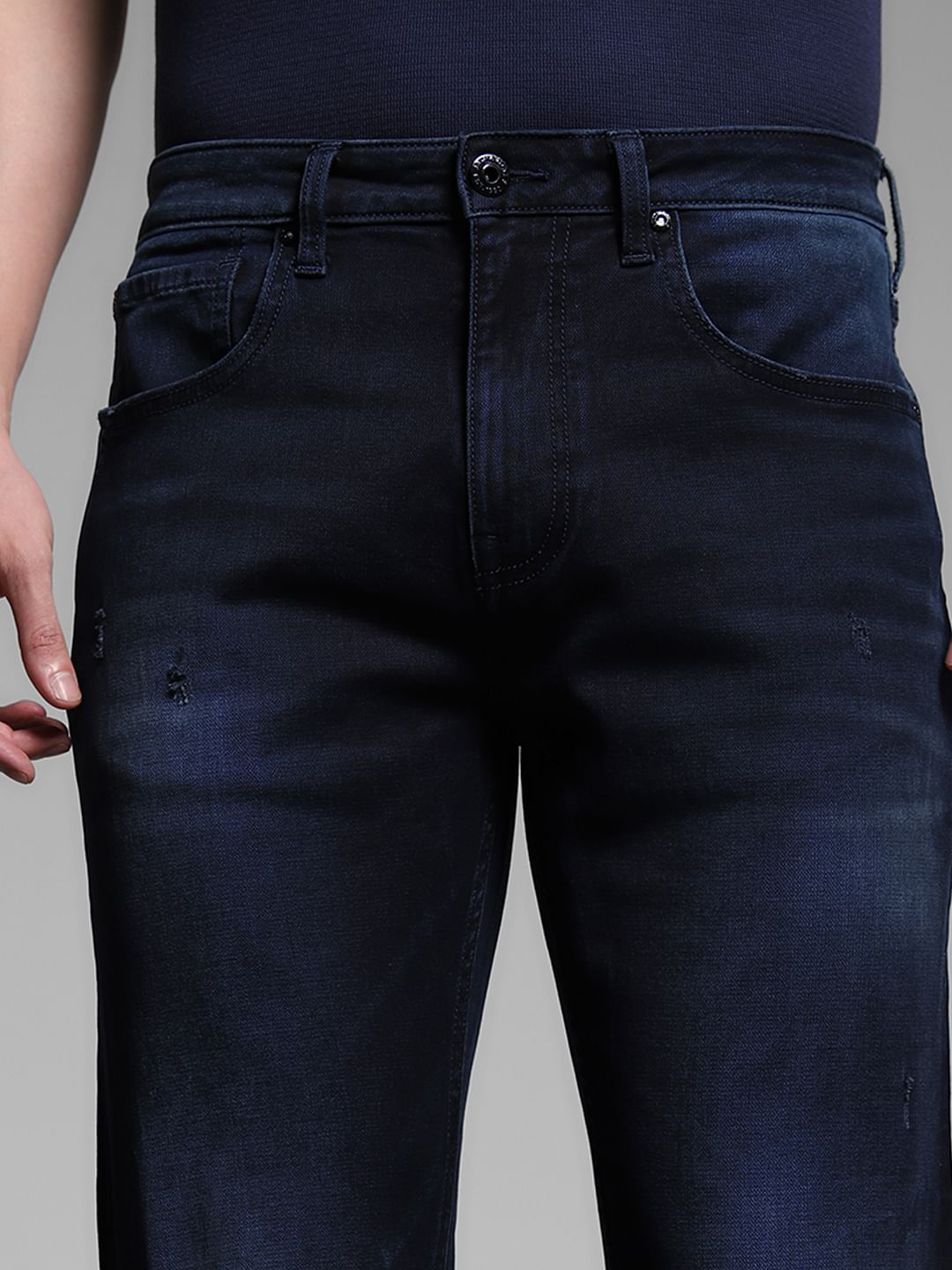 Dark Blue Mildly Distressed Cliff Bootcut Jeans
