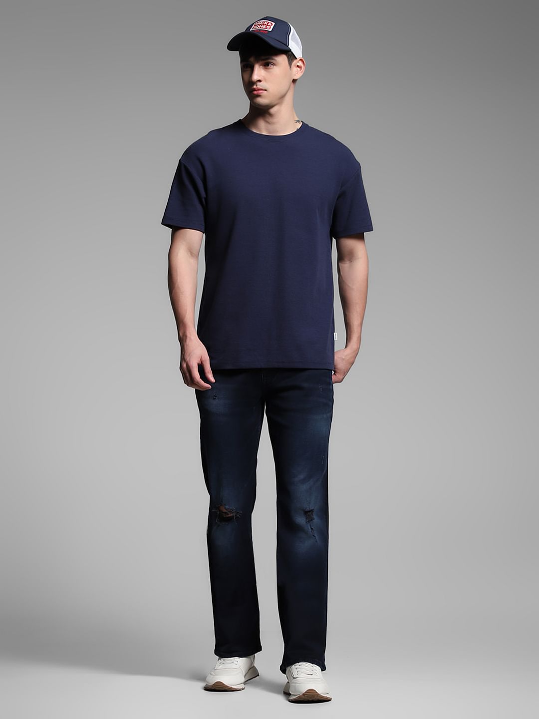 Dark Blue Mildly Distressed Cliff Bootcut Jeans