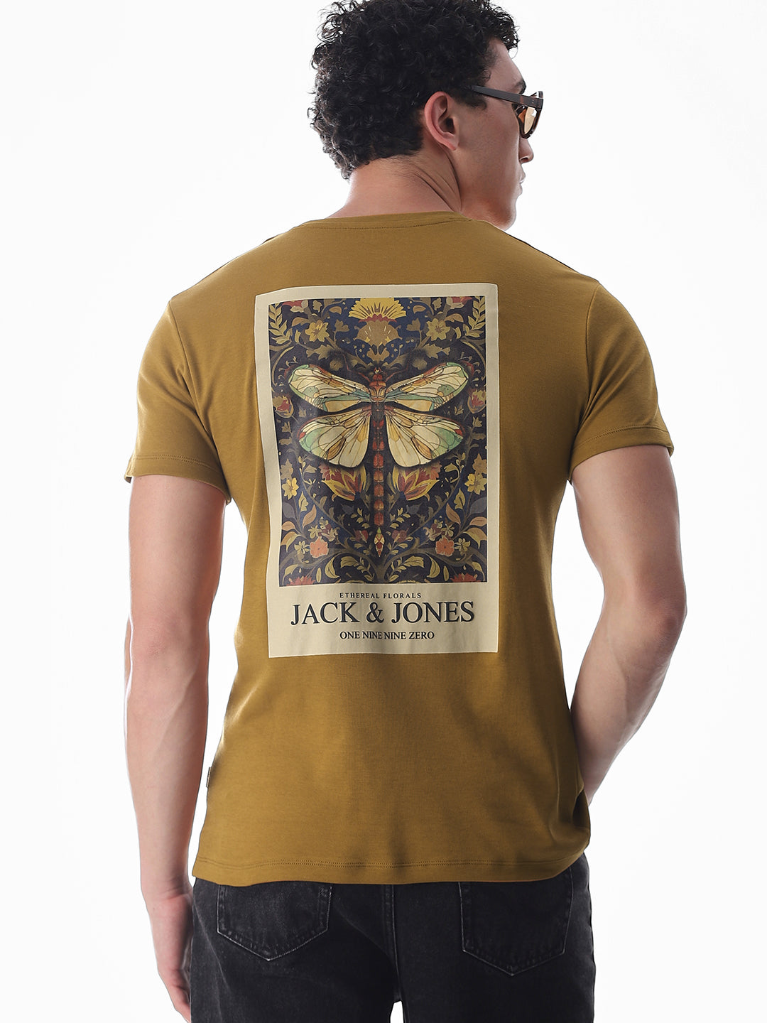 Dragonfly Print Cotton T-shirt -Brown