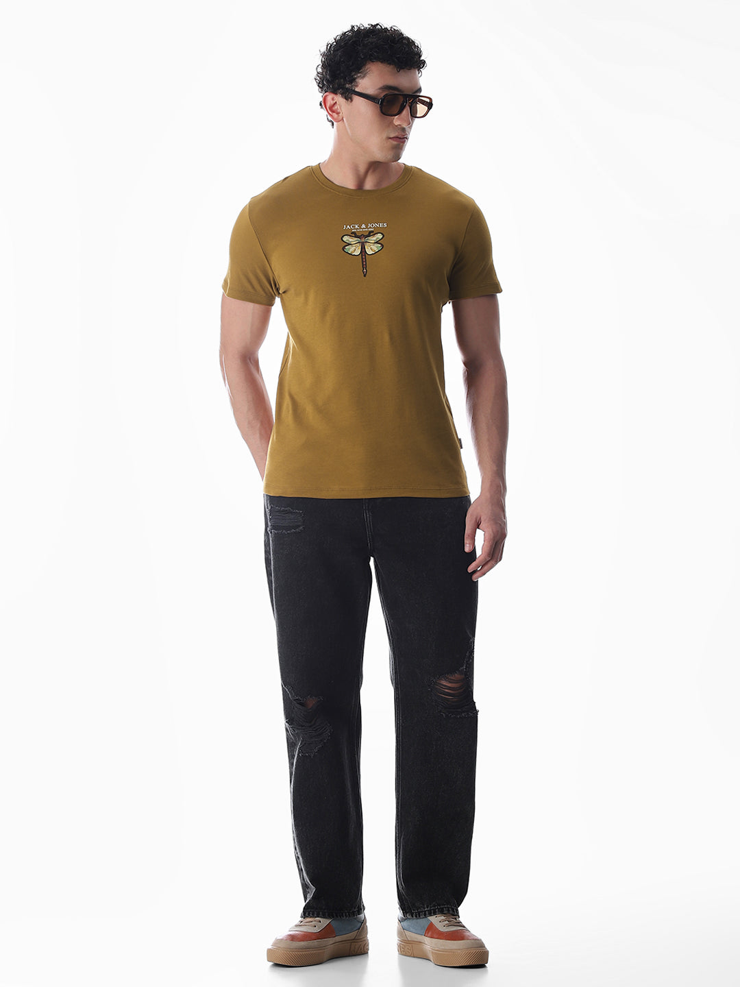 Dragonfly Print Cotton T-shirt -Brown