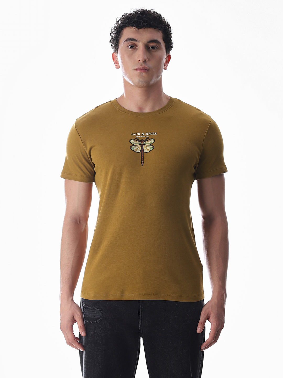 Dragonfly Print Cotton T-shirt -Brown