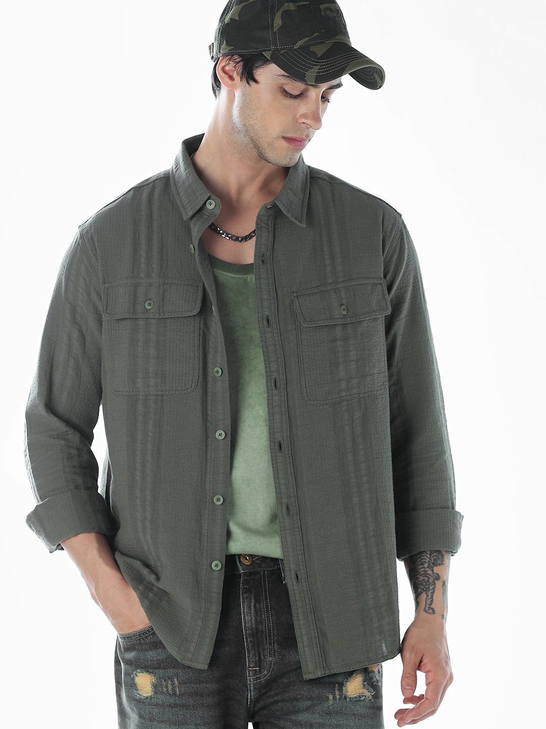 Dark Green Cotton Oversized Shirt