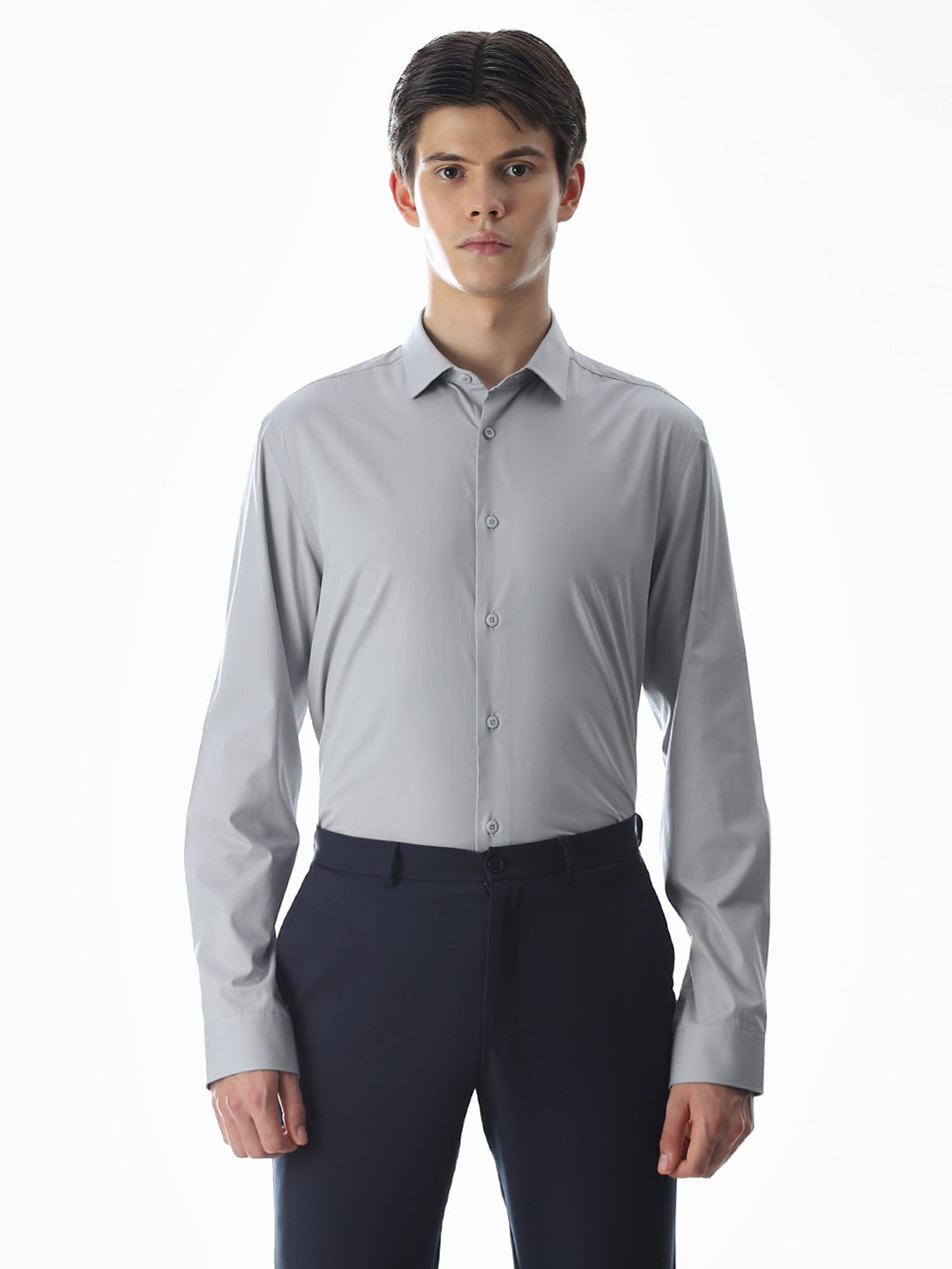 Stretch Slim Fit Full Sleeves Shirt - Light Grey