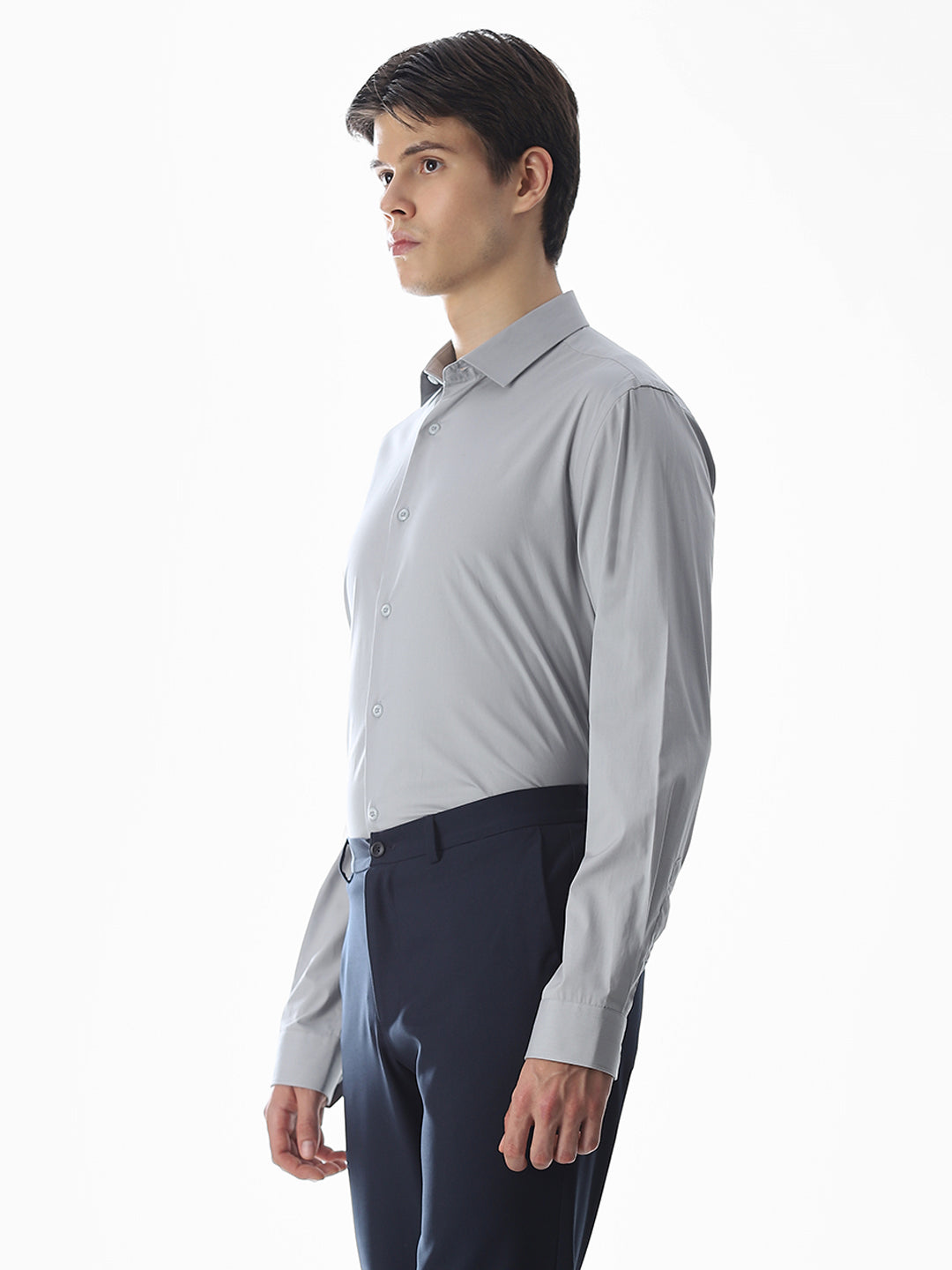 Stretch Slim Fit Full Sleeves Shirt - Light Grey