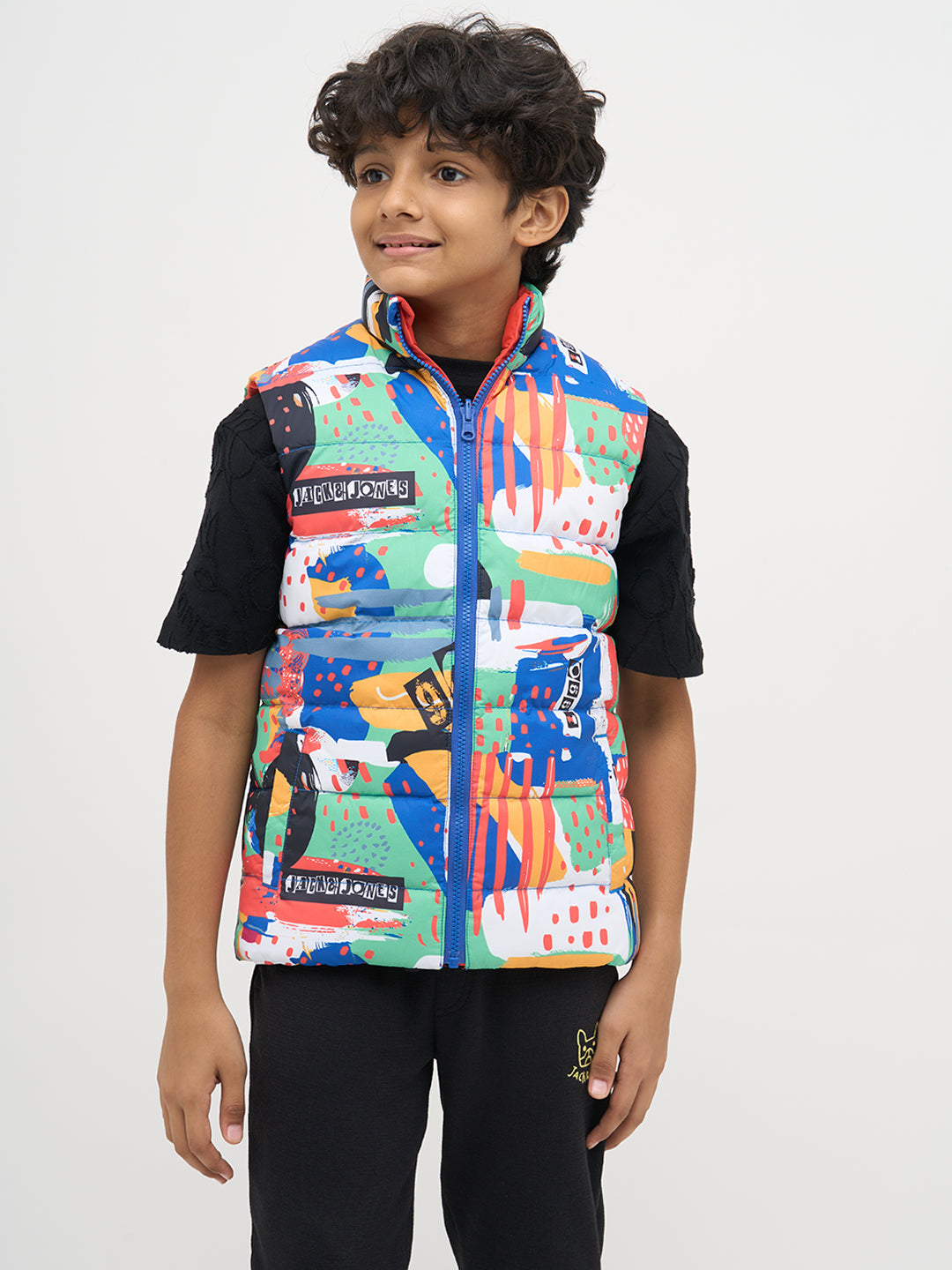 Boys Reversible Abstract Print Puffer Jacket With High Neck