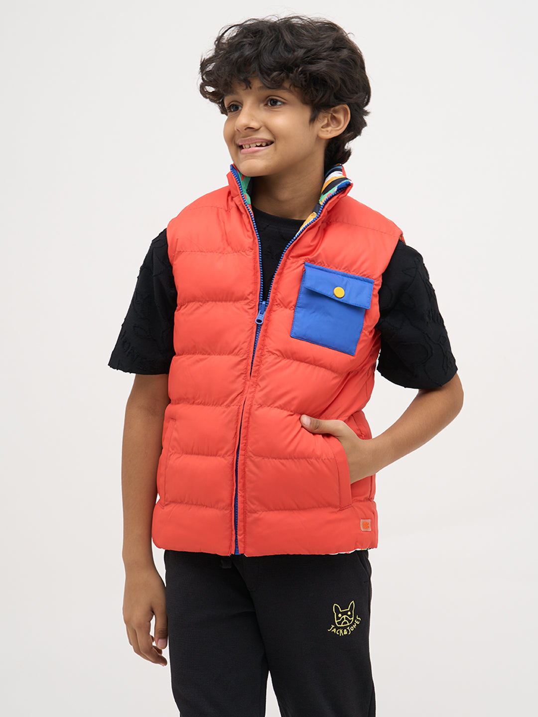 Boys Reversible Abstract Print Puffer Jacket With High Neck