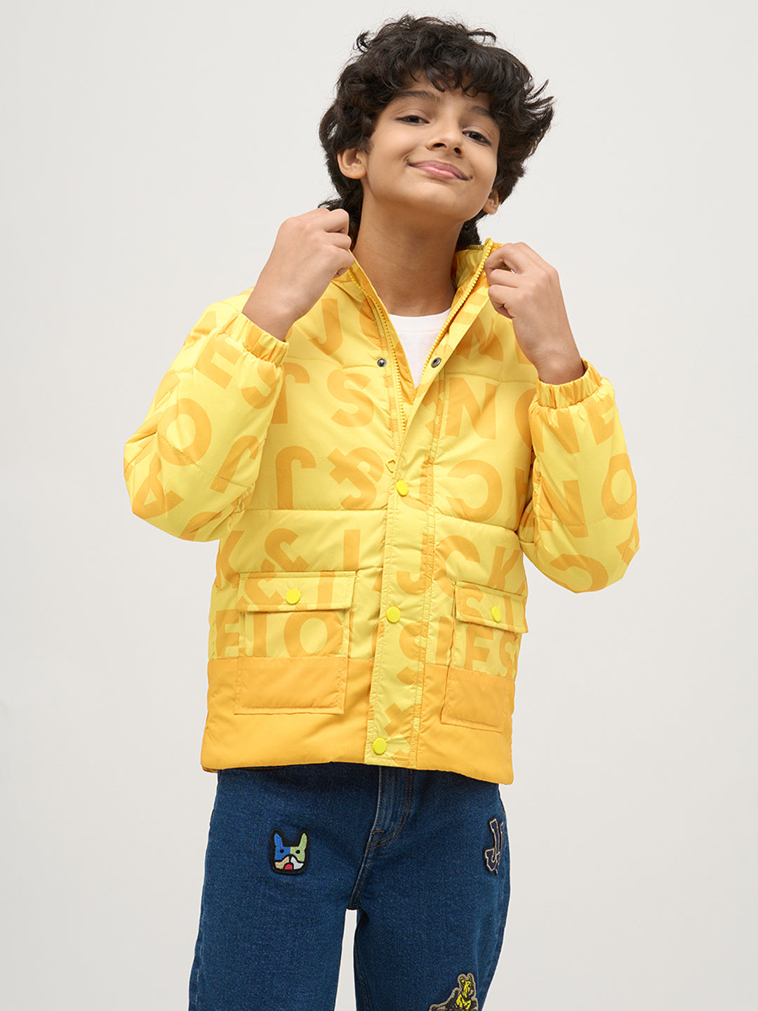 Boys Yellow Typography Puffer Jacket