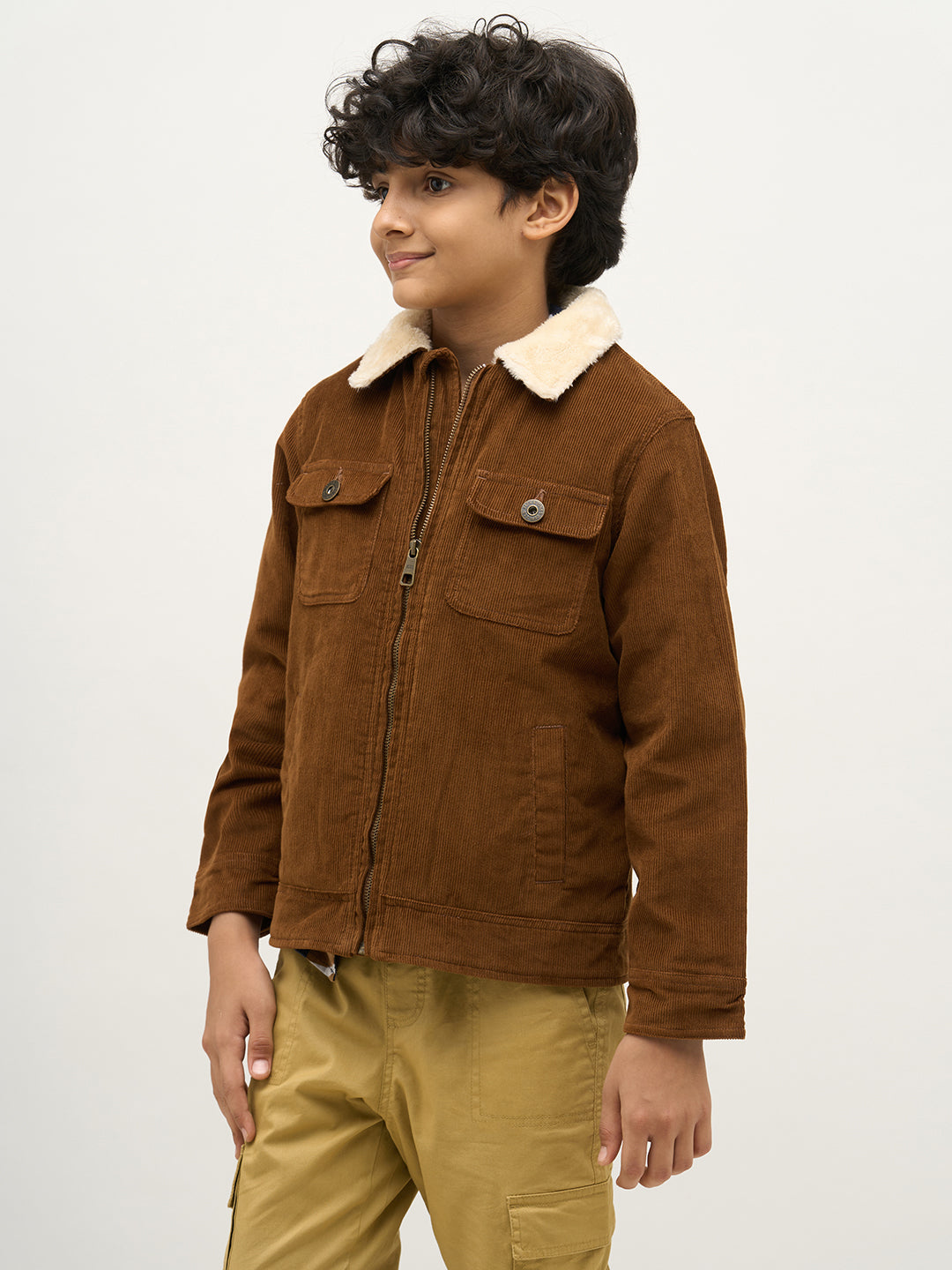 Boys Dark Brown Zip-Up Corduroy Jacket