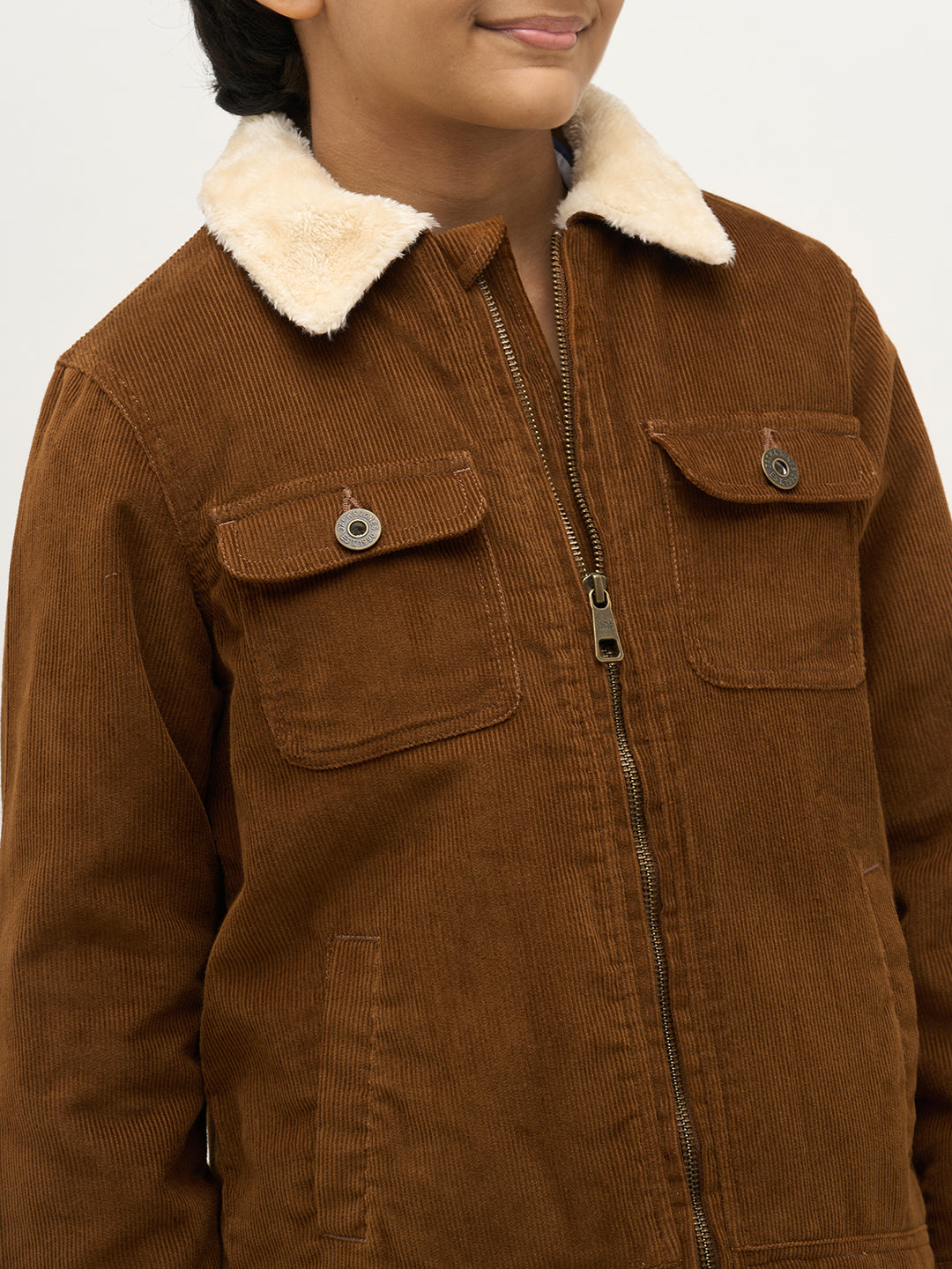 Boys Dark Brown Zip-Up Corduroy Jacket