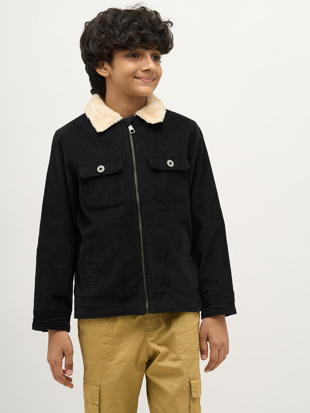 Boys Black Zip-Up Corduroy Jacket