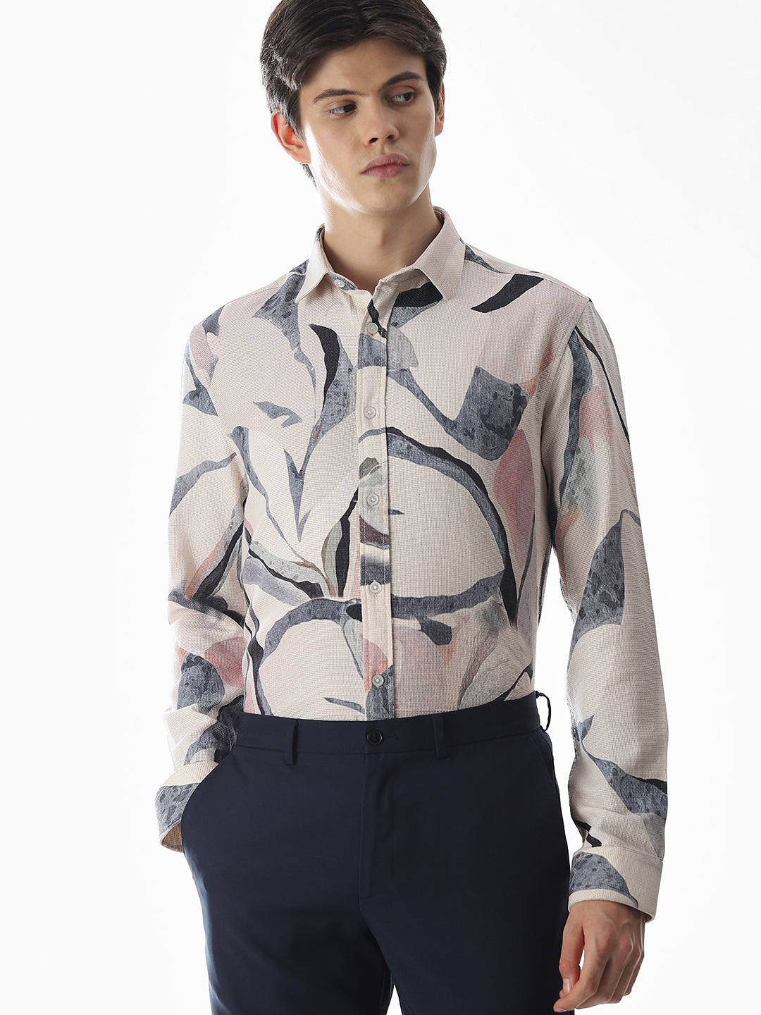 Beige Printed Slim Fit Shirt