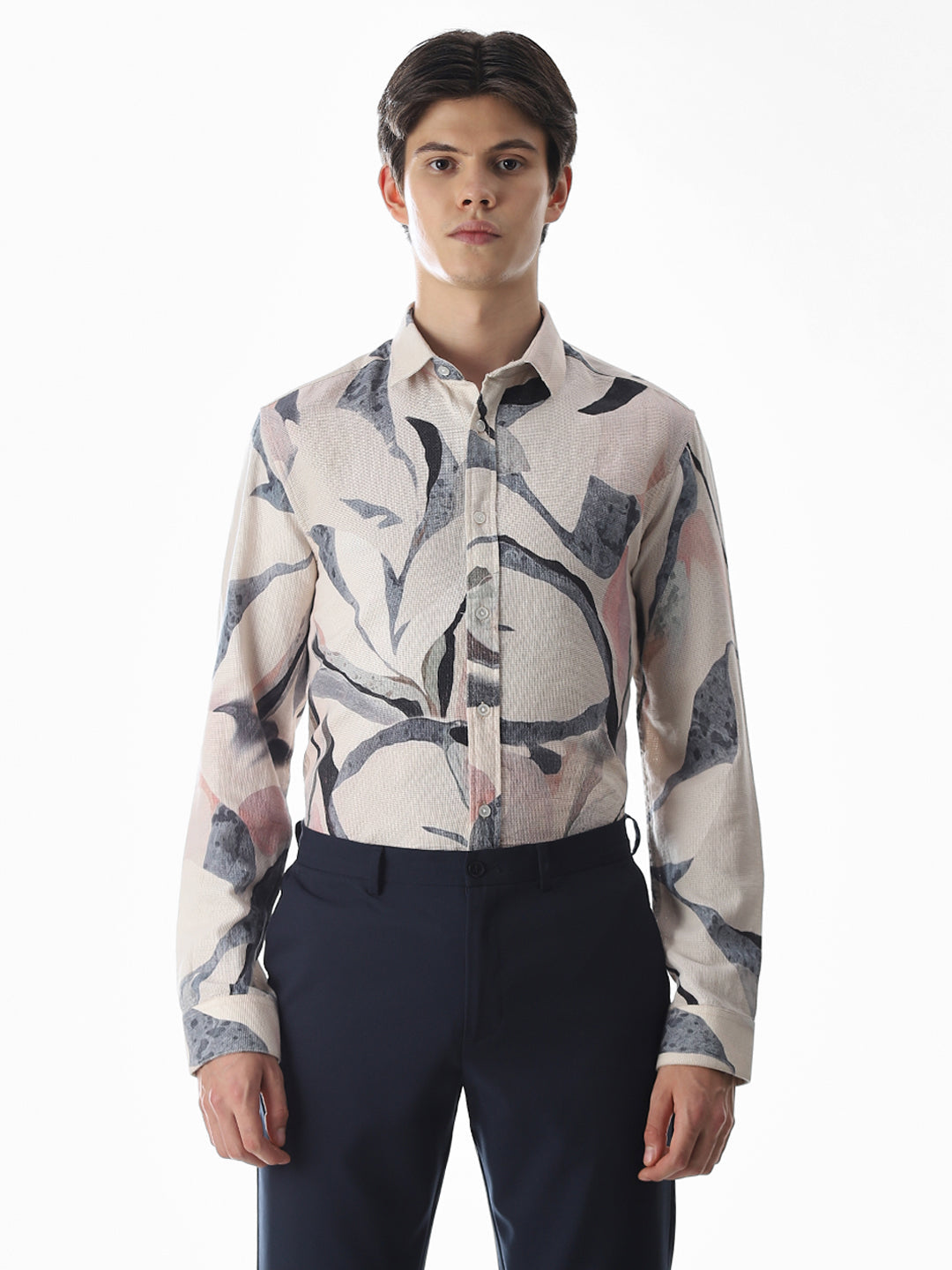 Beige Printed Slim Fit Shirt