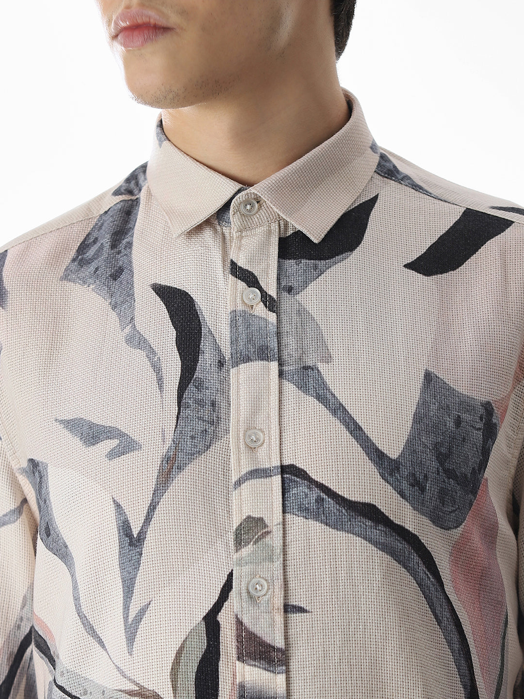 Beige Printed Slim Fit Shirt