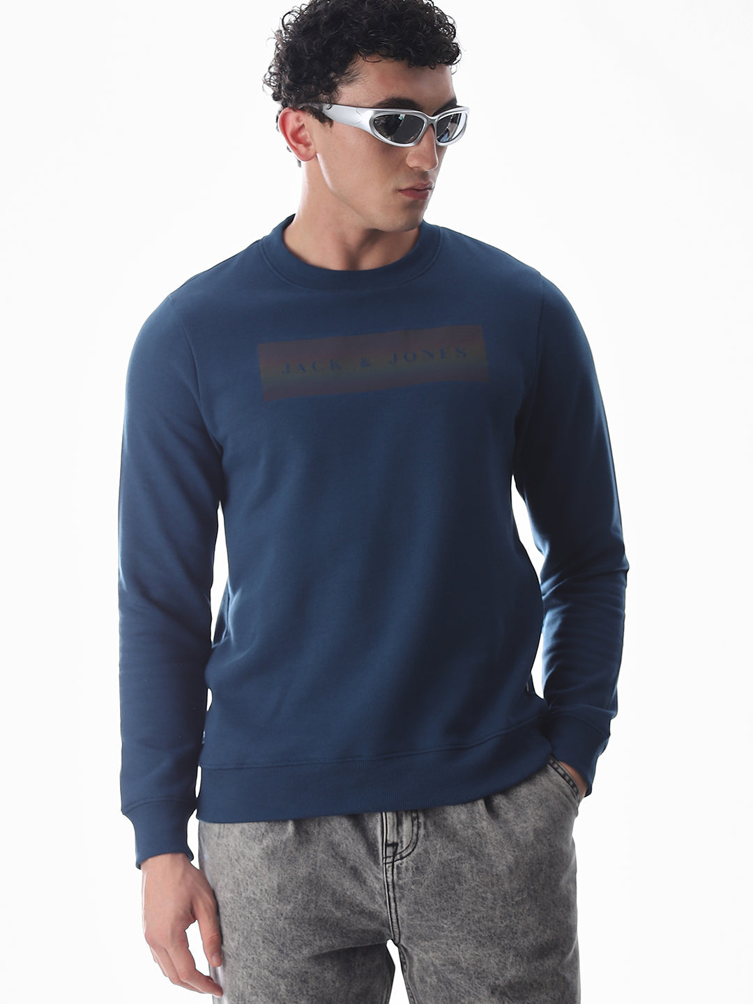 Blue Printed Regular Fit Sweatshirt