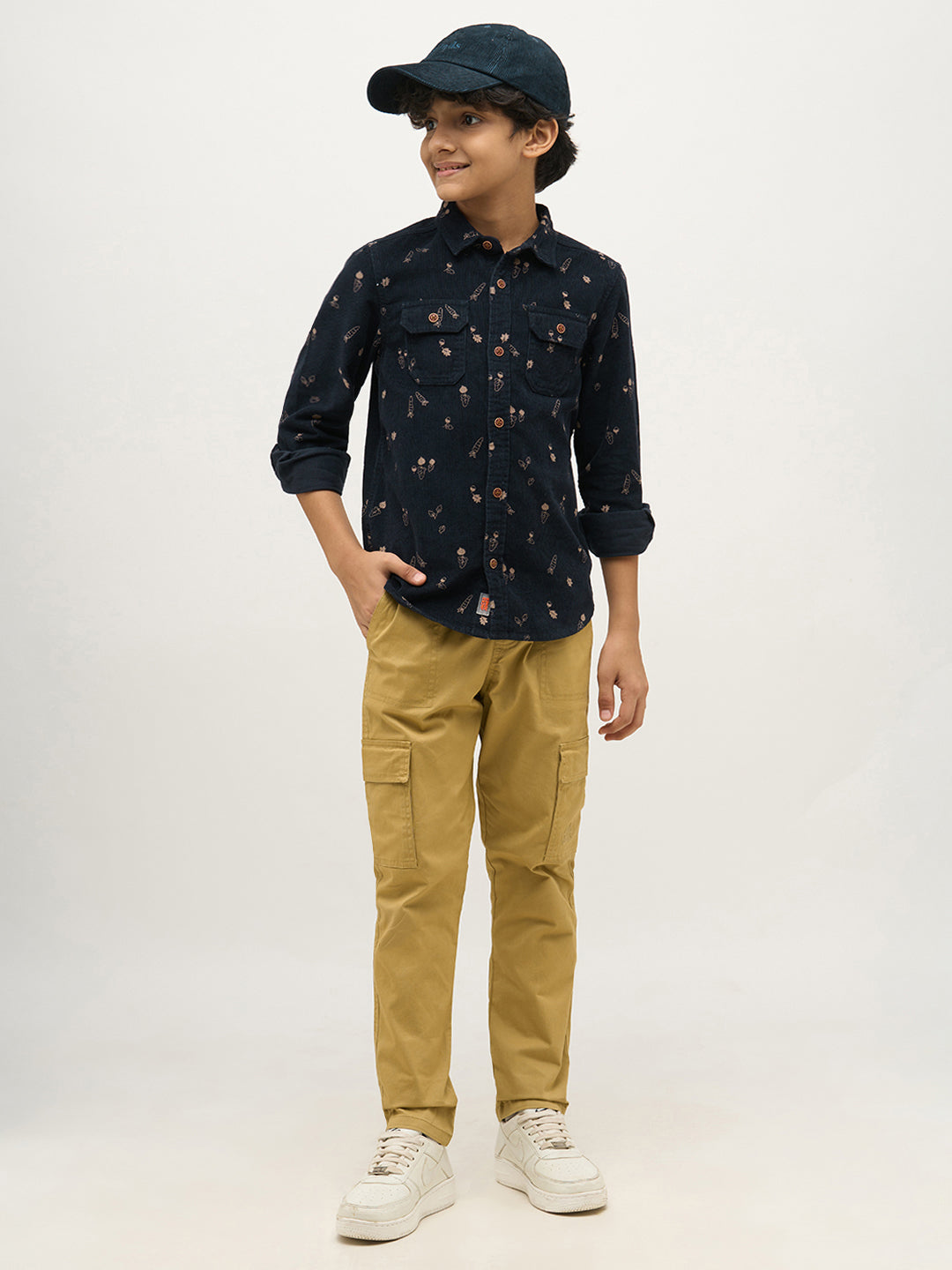 Boys Dark Blue Corduroy Printed Shirt
