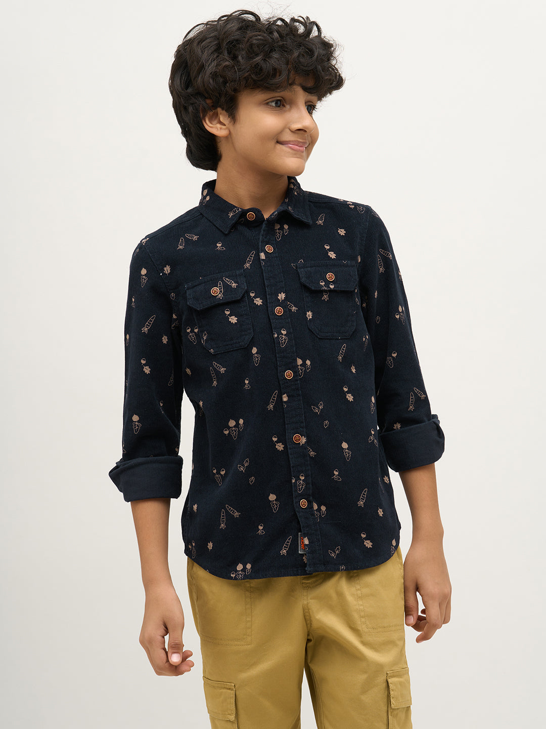 Boys Dark Blue Corduroy Printed Shirt