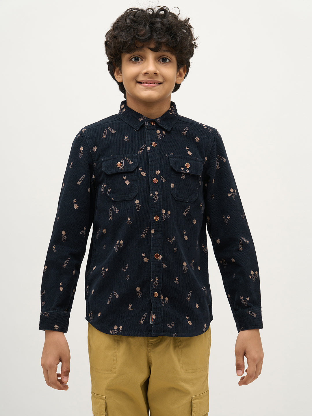 Boys Dark Blue Corduroy Printed Shirt