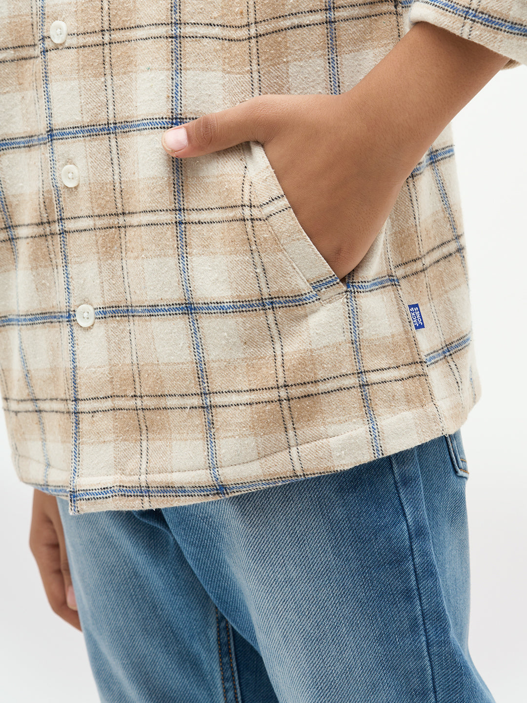 Boys Cotton Checked Shacket Shirt In Beige With Long Sleeves