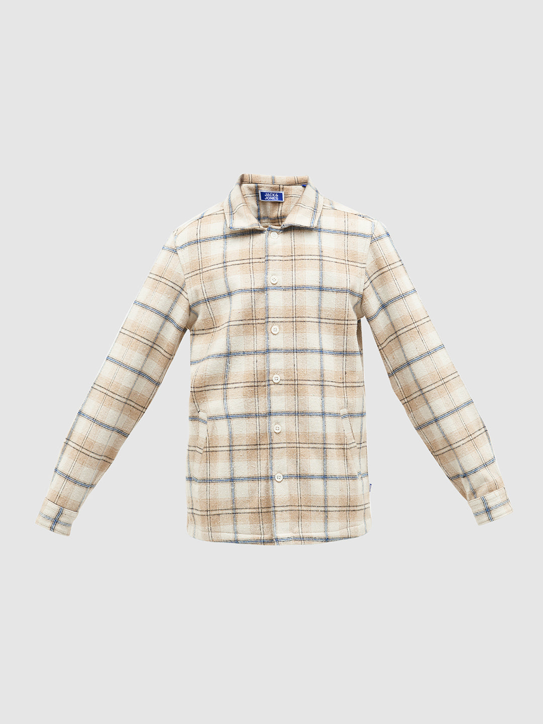Boys Cotton Checked Shacket Shirt In Beige With Long Sleeves