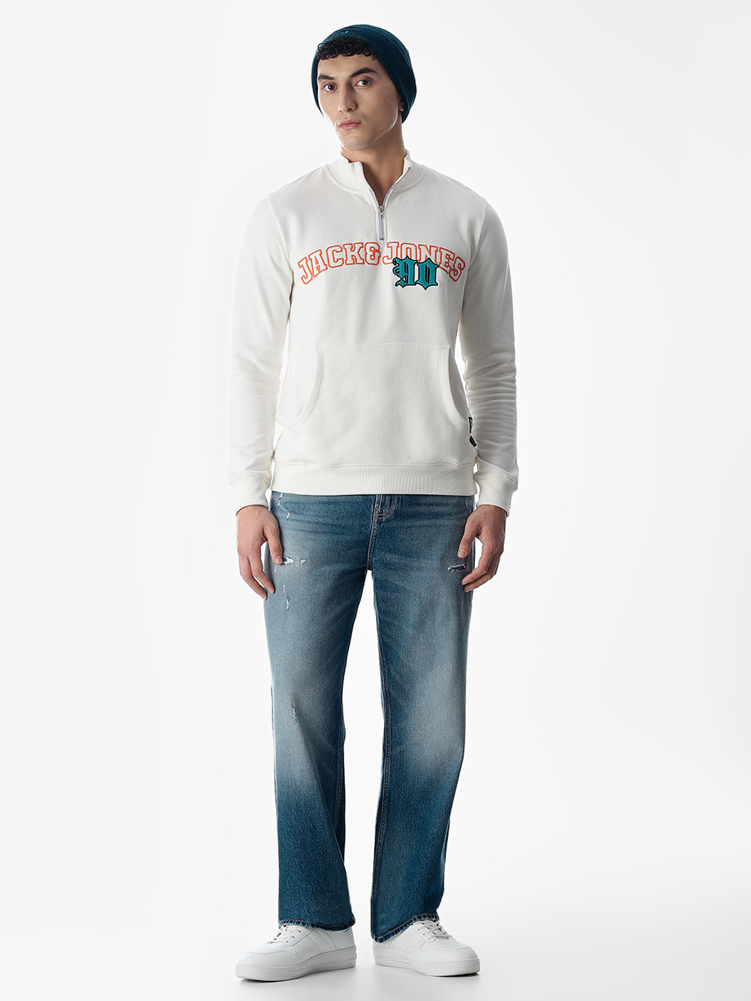 White Embroidered Print Sweatshirt