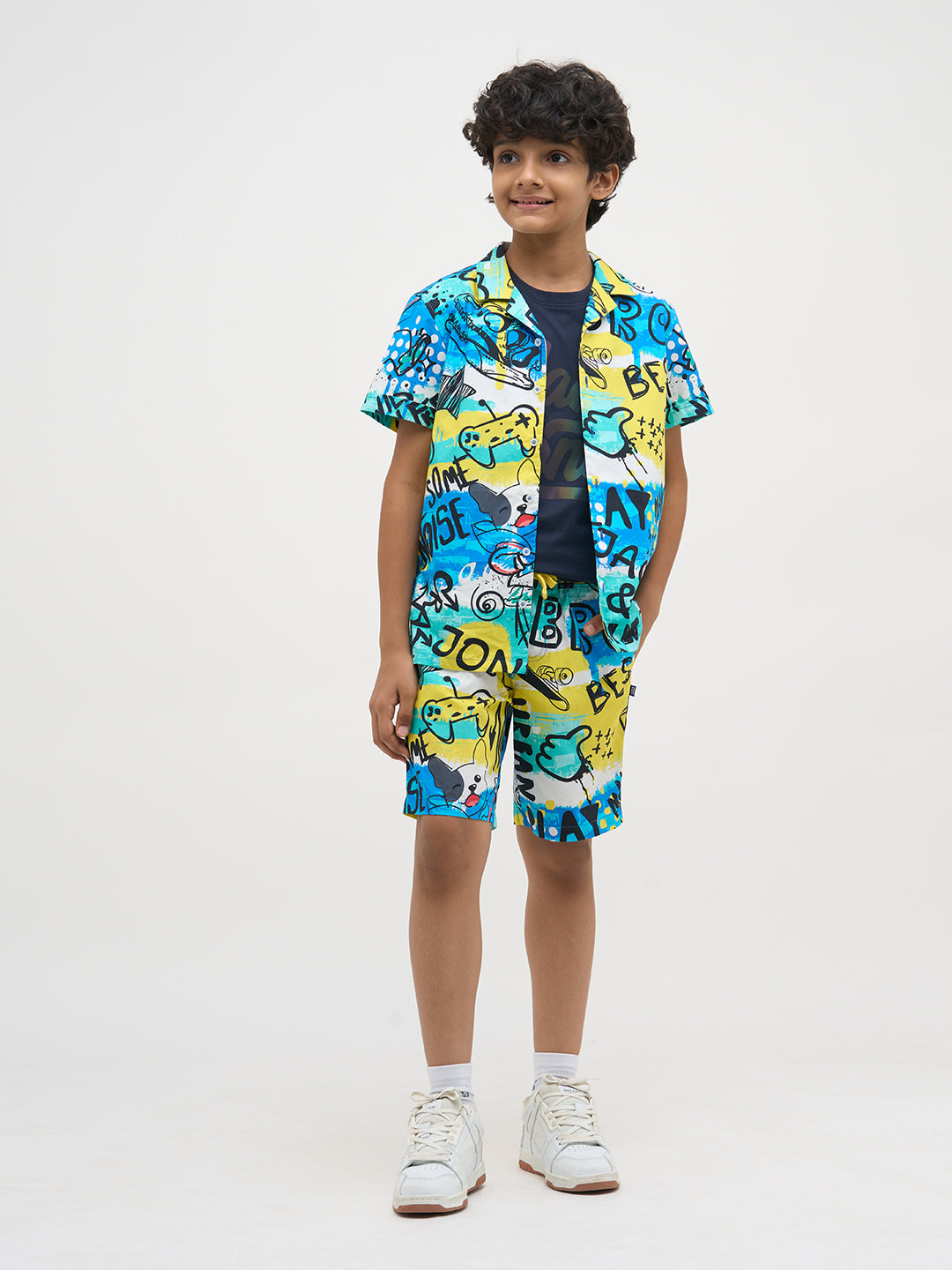 Blue Printed Cotton Shorts