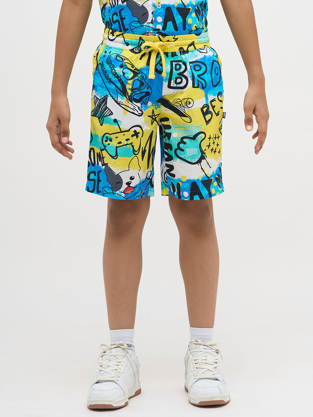 Blue Printed Cotton Shorts