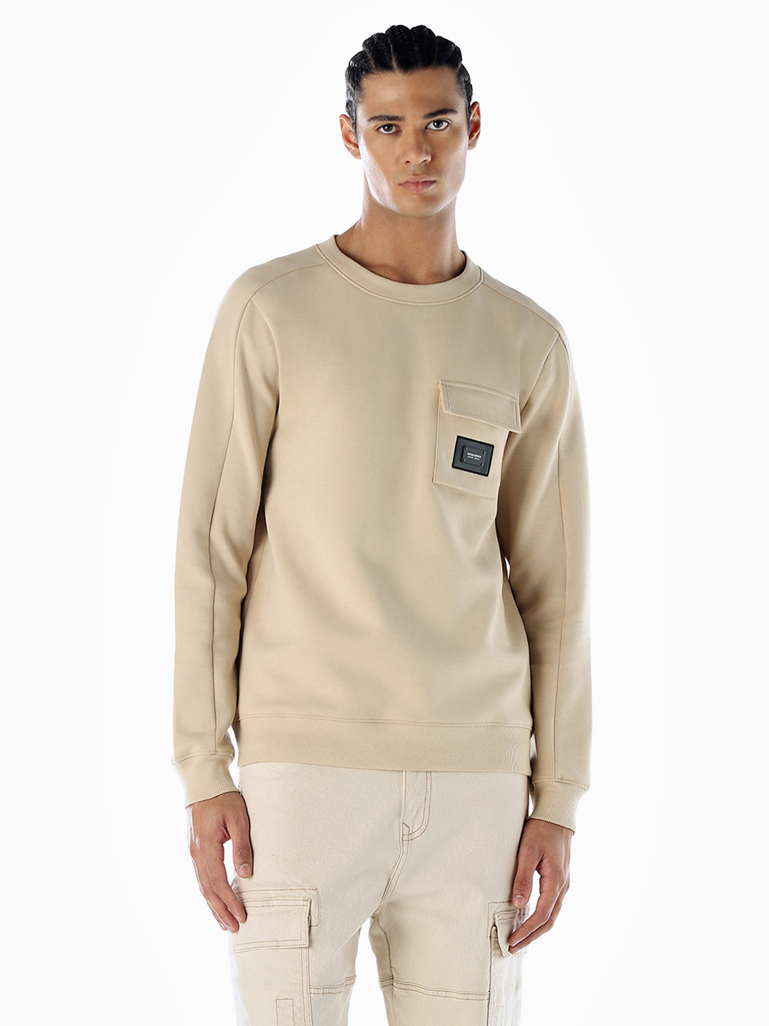 Crew Neck Pocket Detail Sweatshirt - Beige