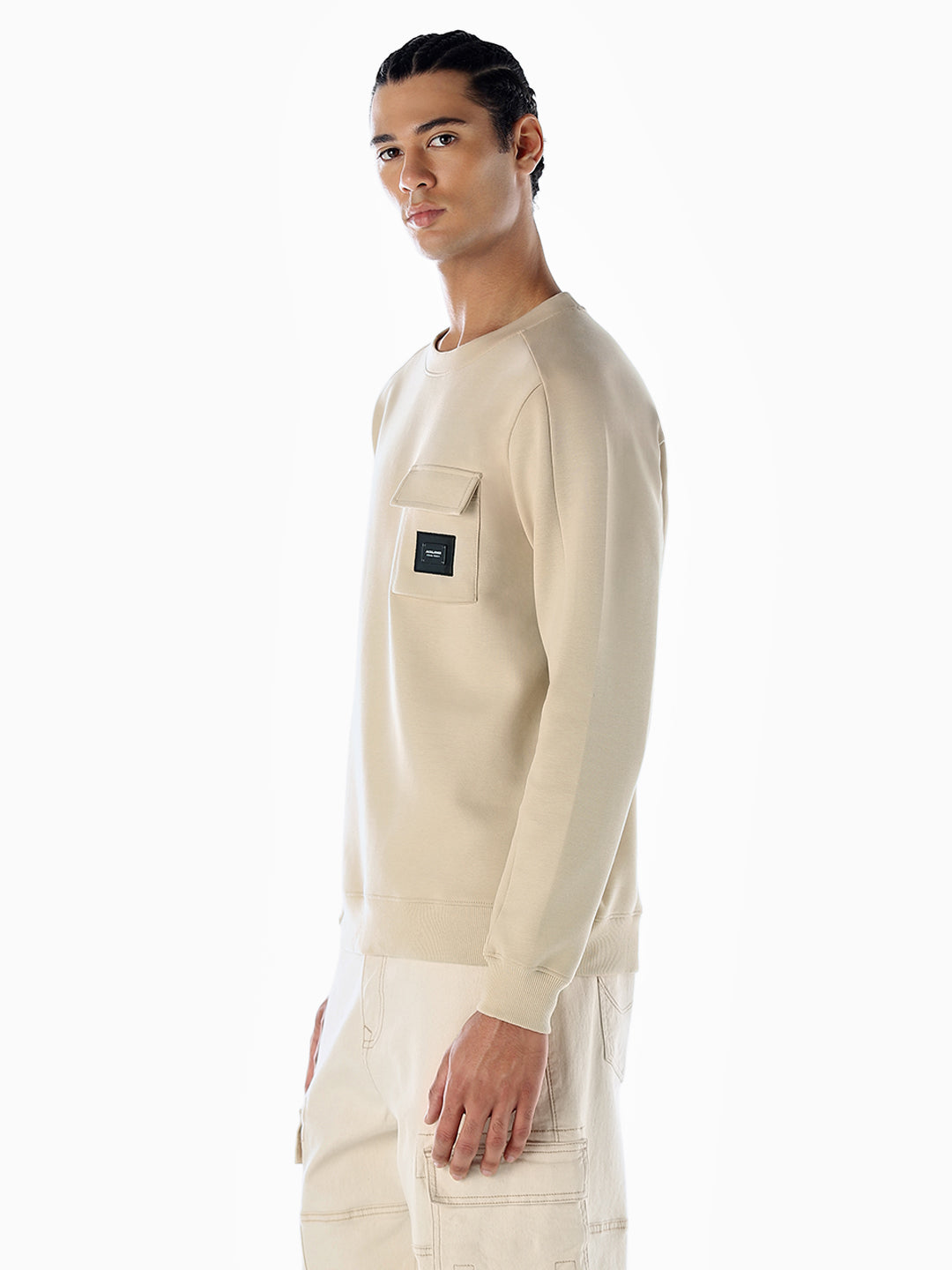 Crew Neck Pocket Detail Sweatshirt - Beige