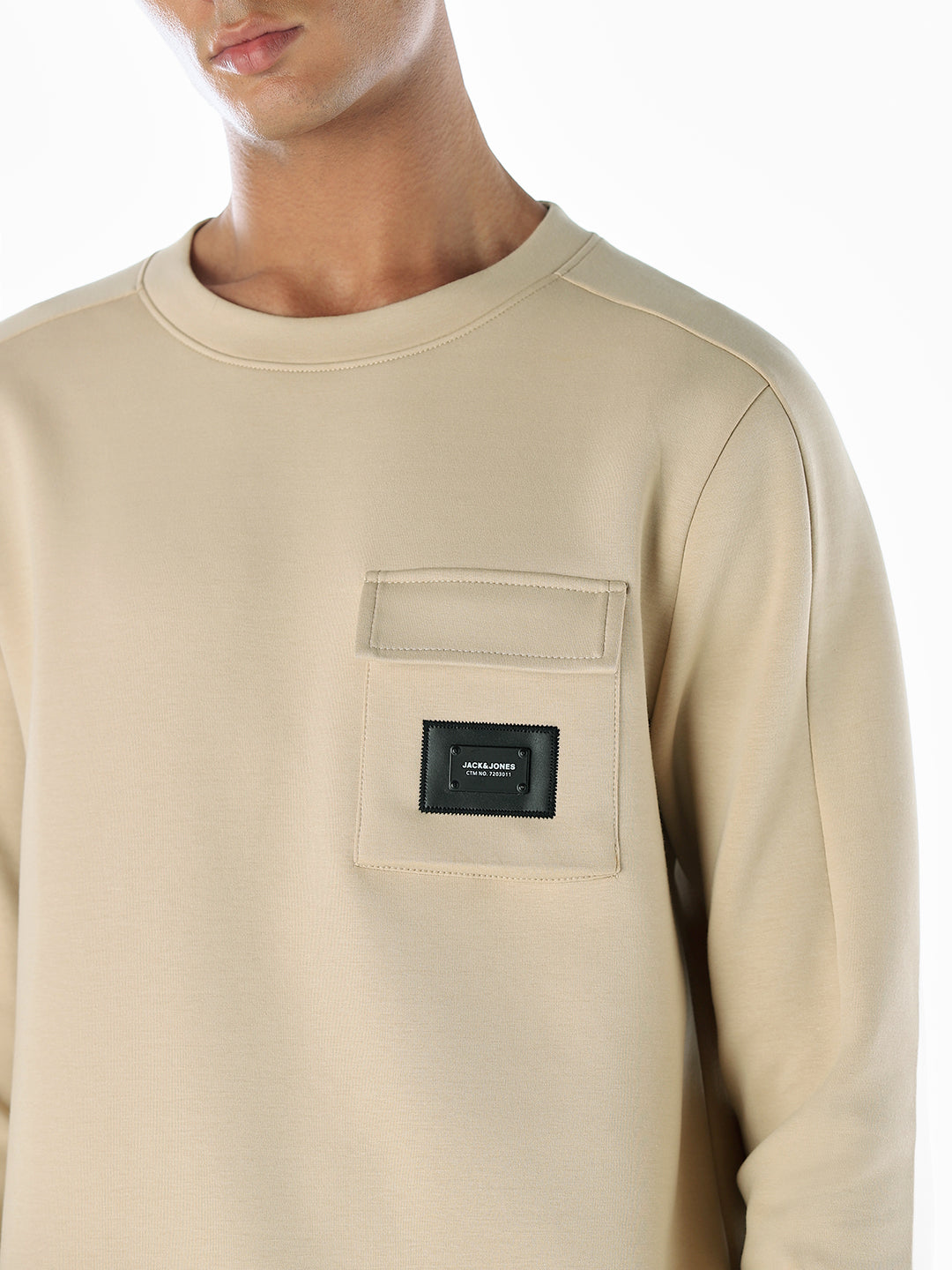 Crew Neck Pocket Detail Sweatshirt - Beige