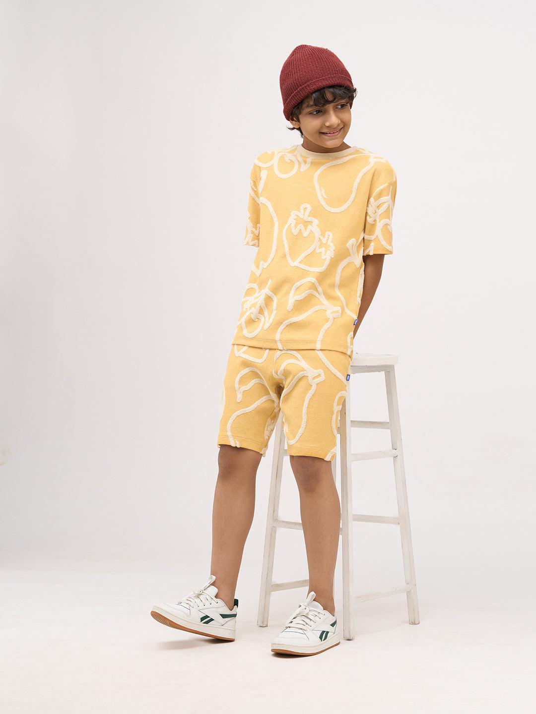 Boys Cotton Oversized Jacquard AOP Crew Neck T-Shirt - Mustard
