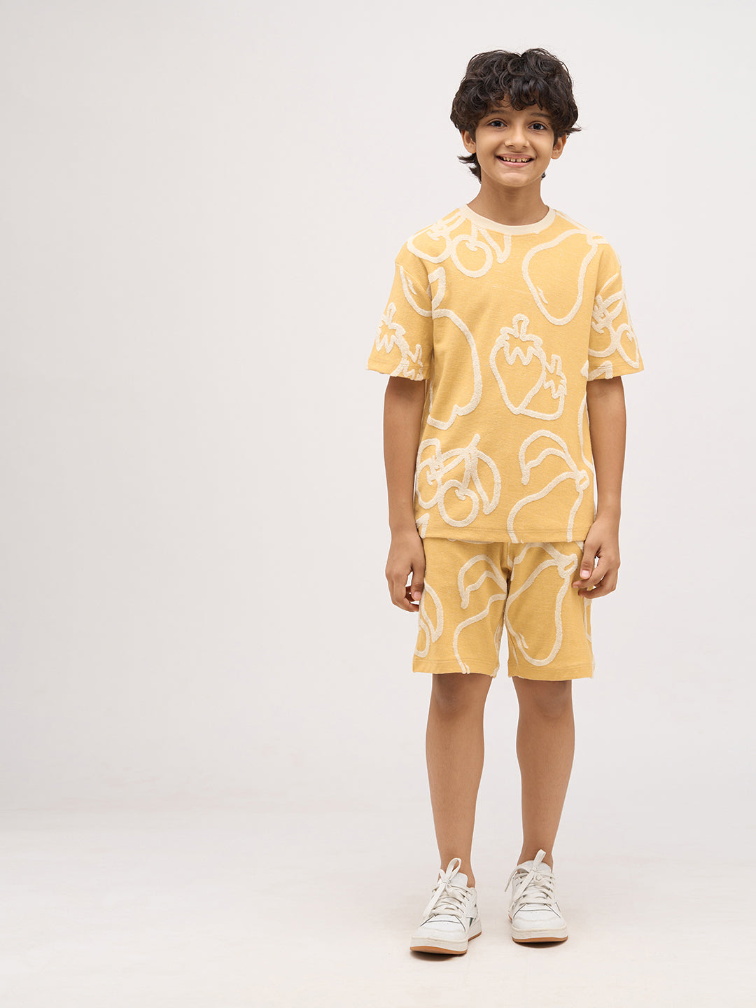 Boys Cotton Oversized Jacquard AOP Crew Neck T-Shirt - Mustard
