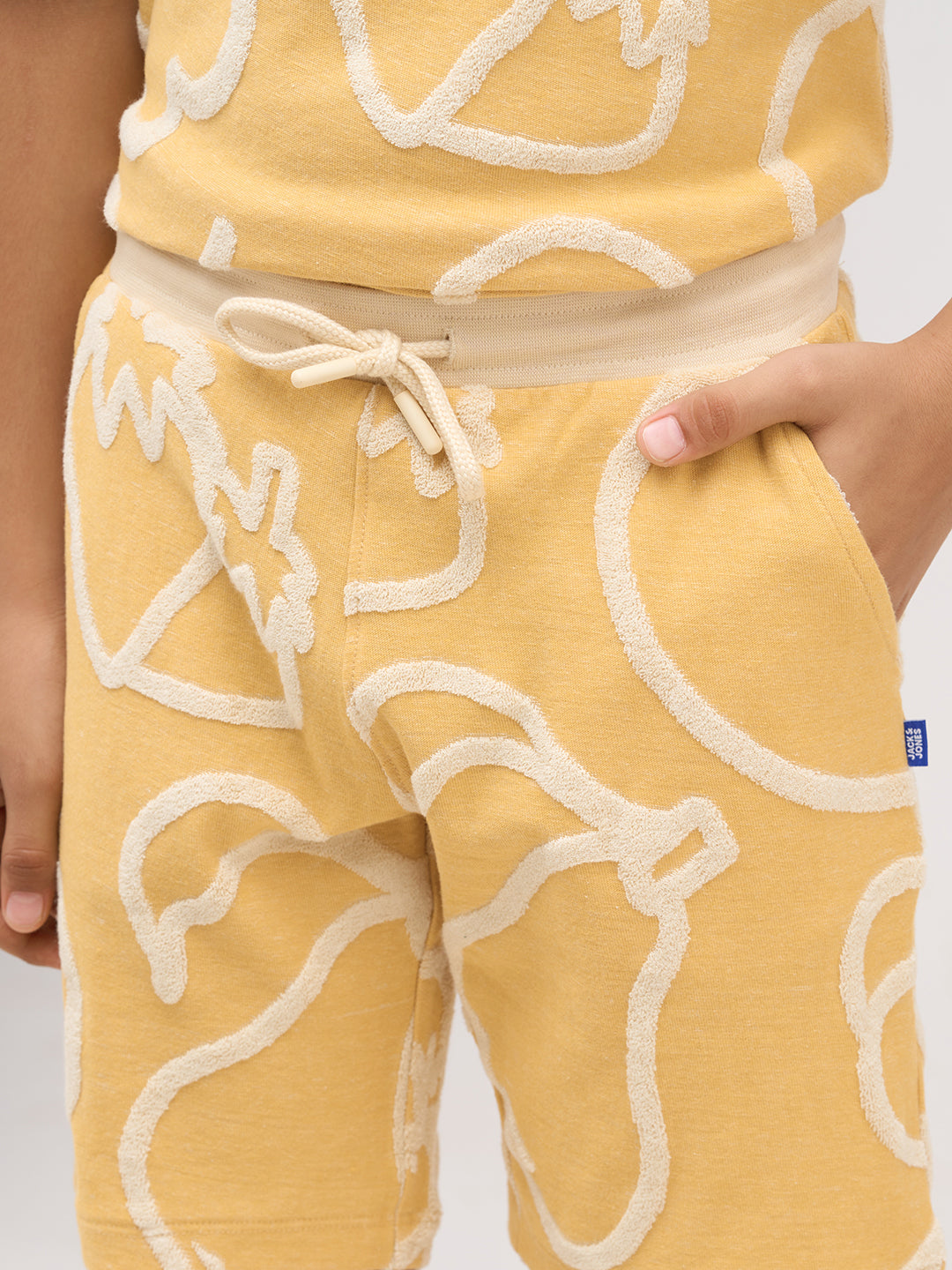 Boys Cotton Oversized Jacquard AOP Crew Neck T-Shirt - Mustard