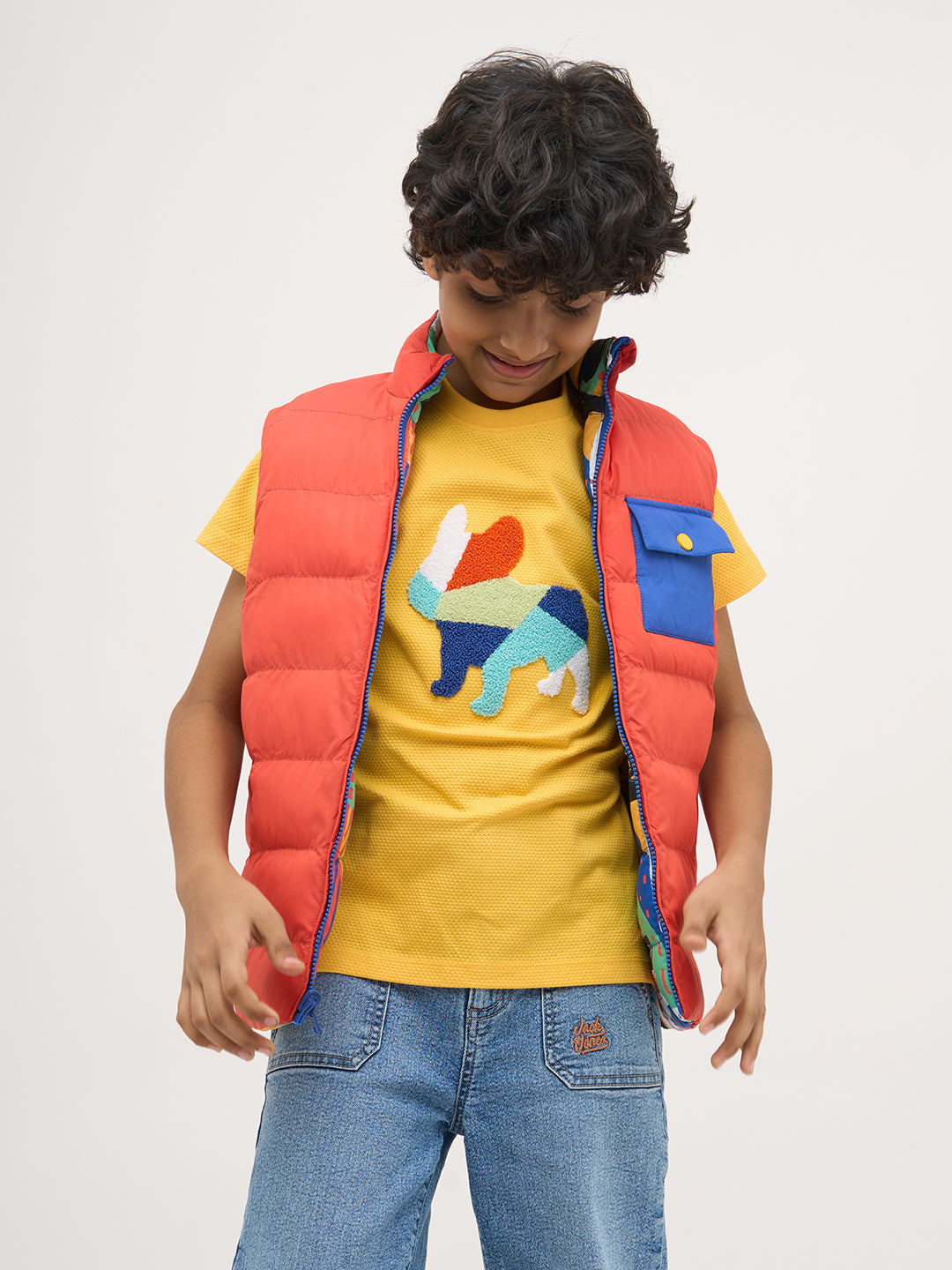 Yellow Embroidered Dog Print T-Shirt