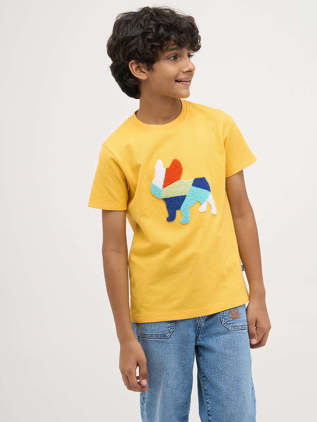 Yellow Embroidered Dog Print T-Shirt