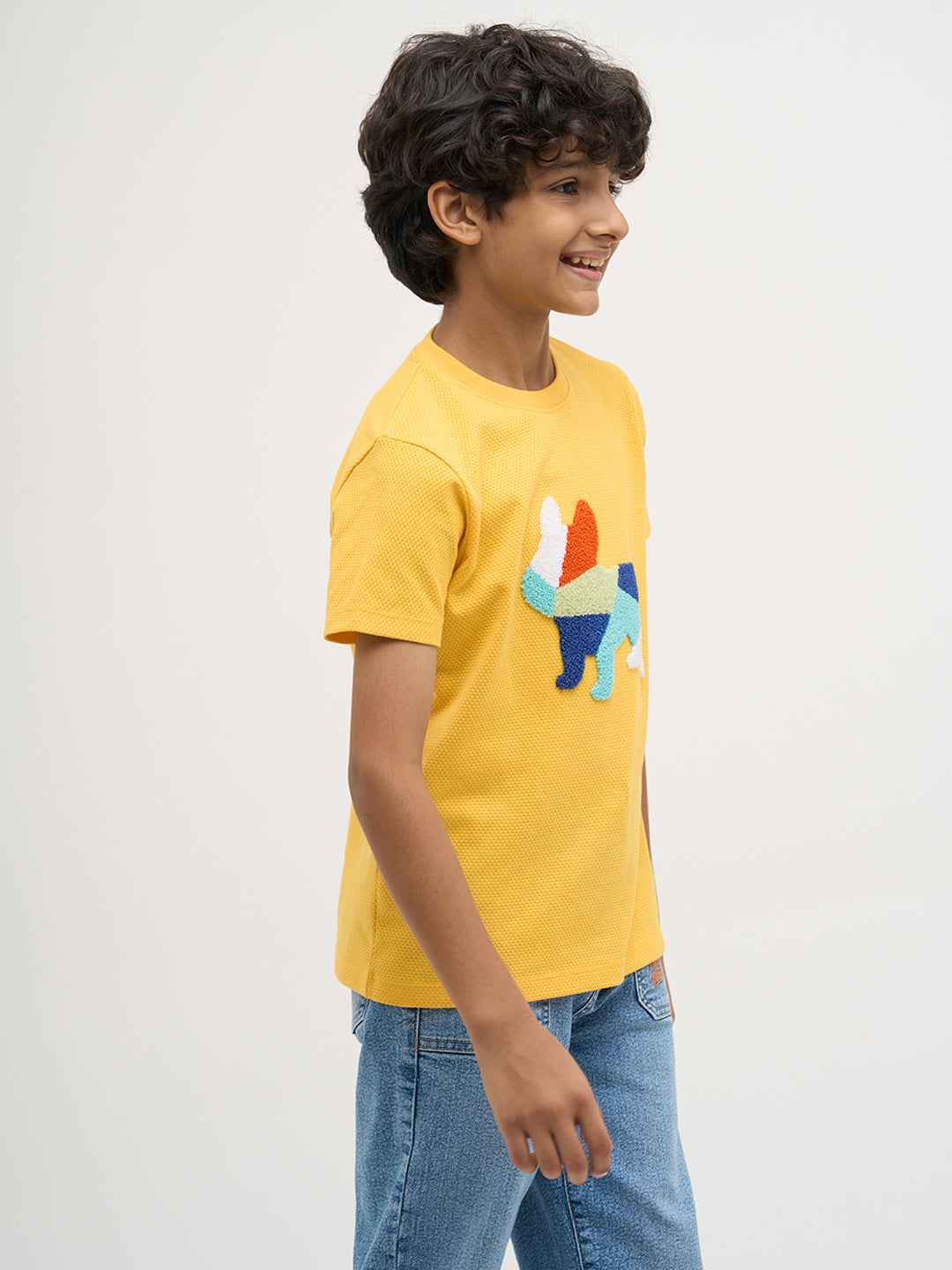 Yellow Embroidered Dog Print T-Shirt