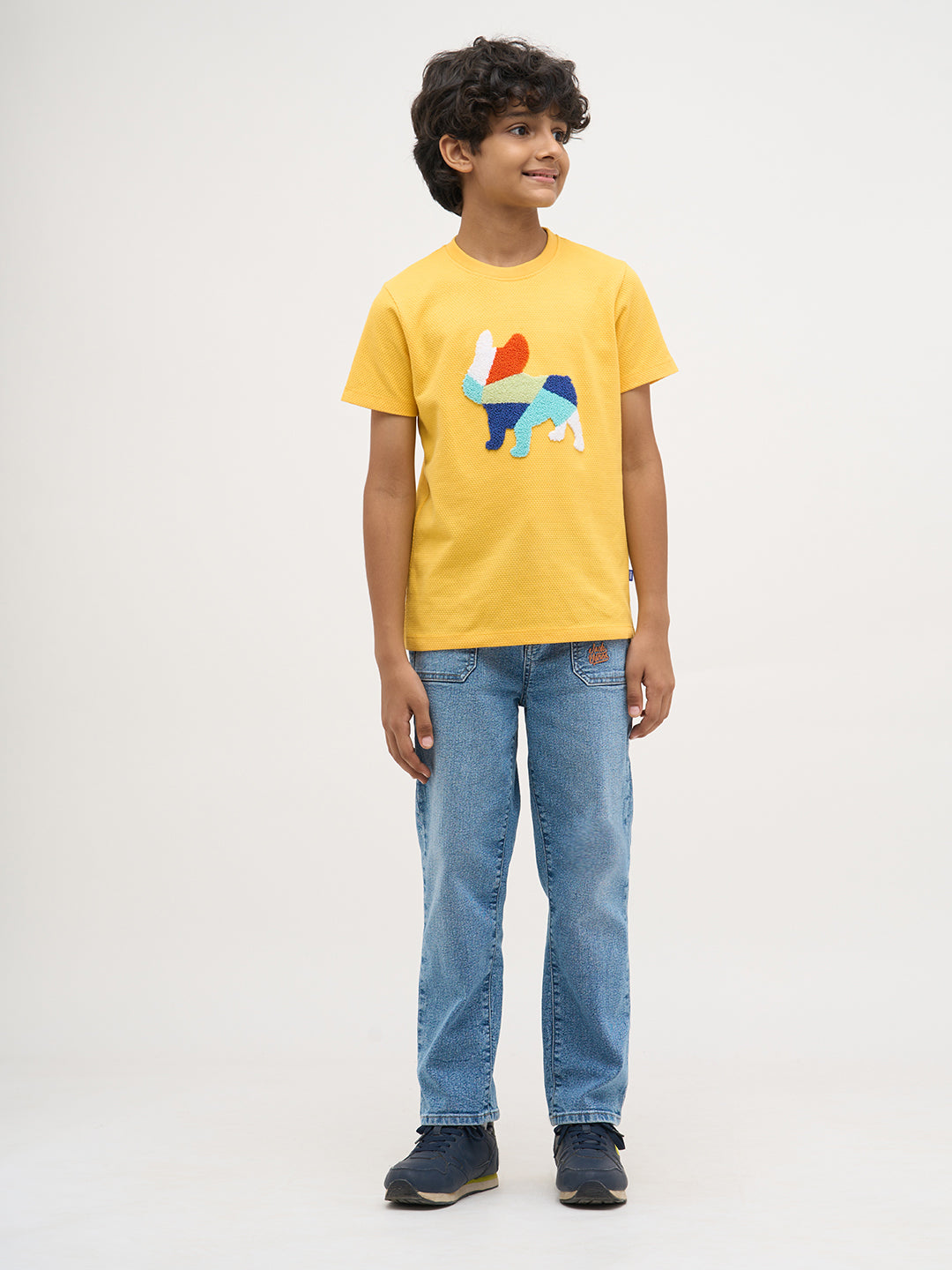 Yellow Embroidered Dog Print T-Shirt