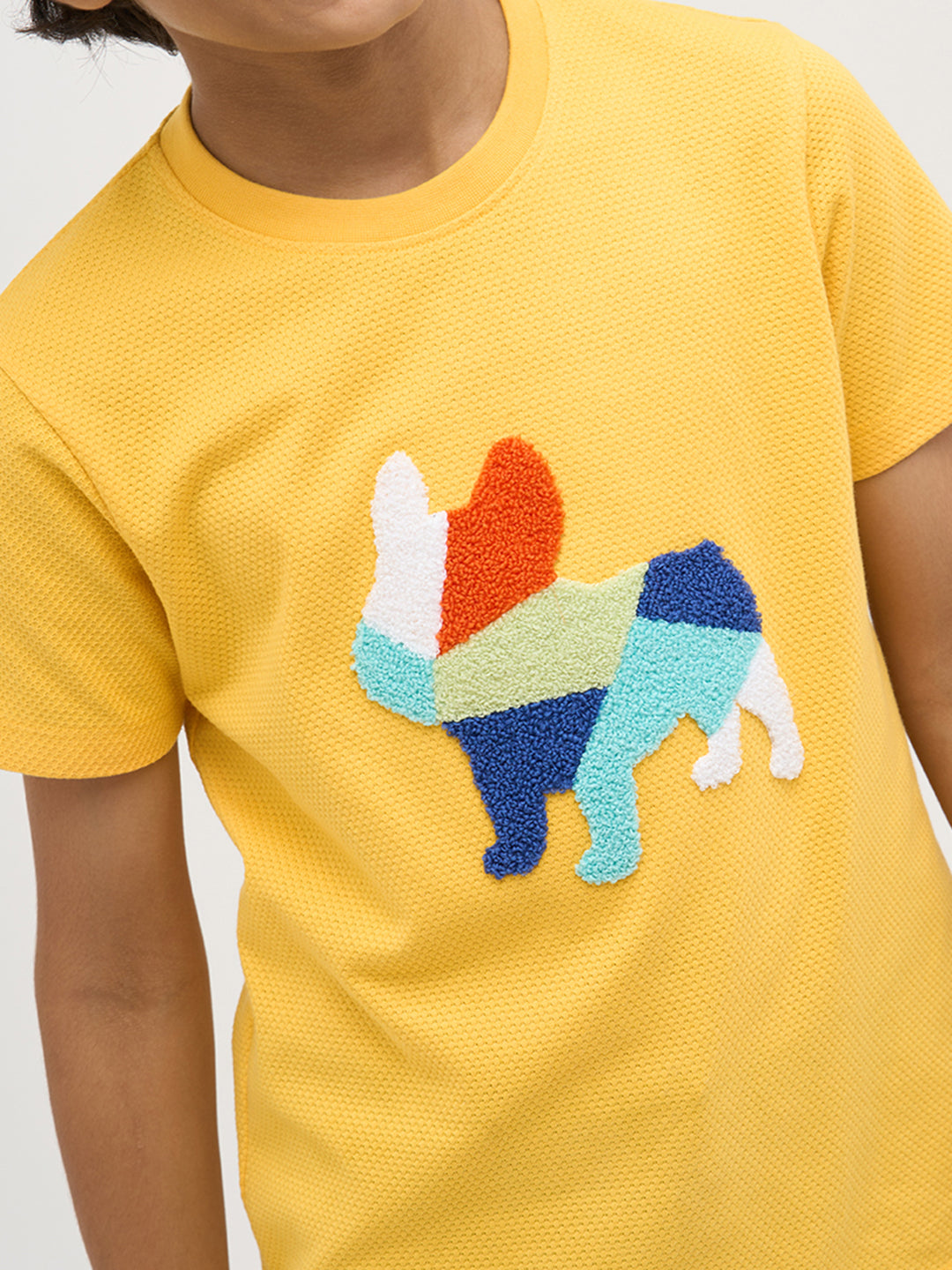 Yellow Embroidered Dog Print T-Shirt