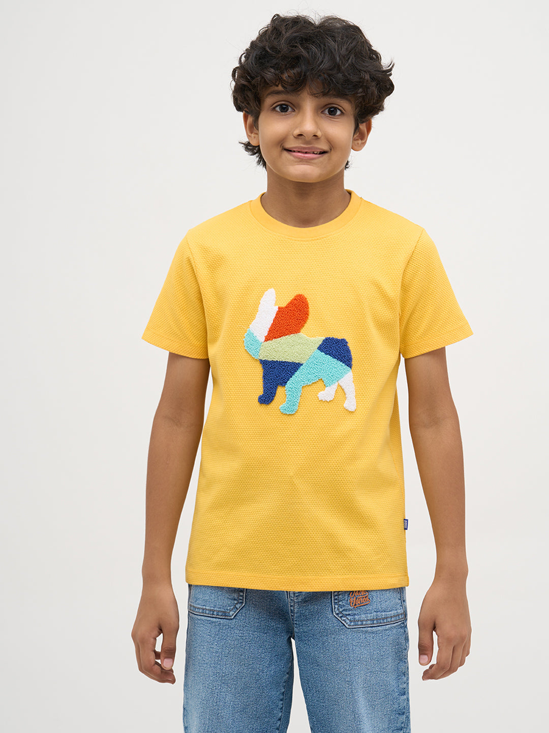 Yellow Embroidered Dog Print T-Shirt