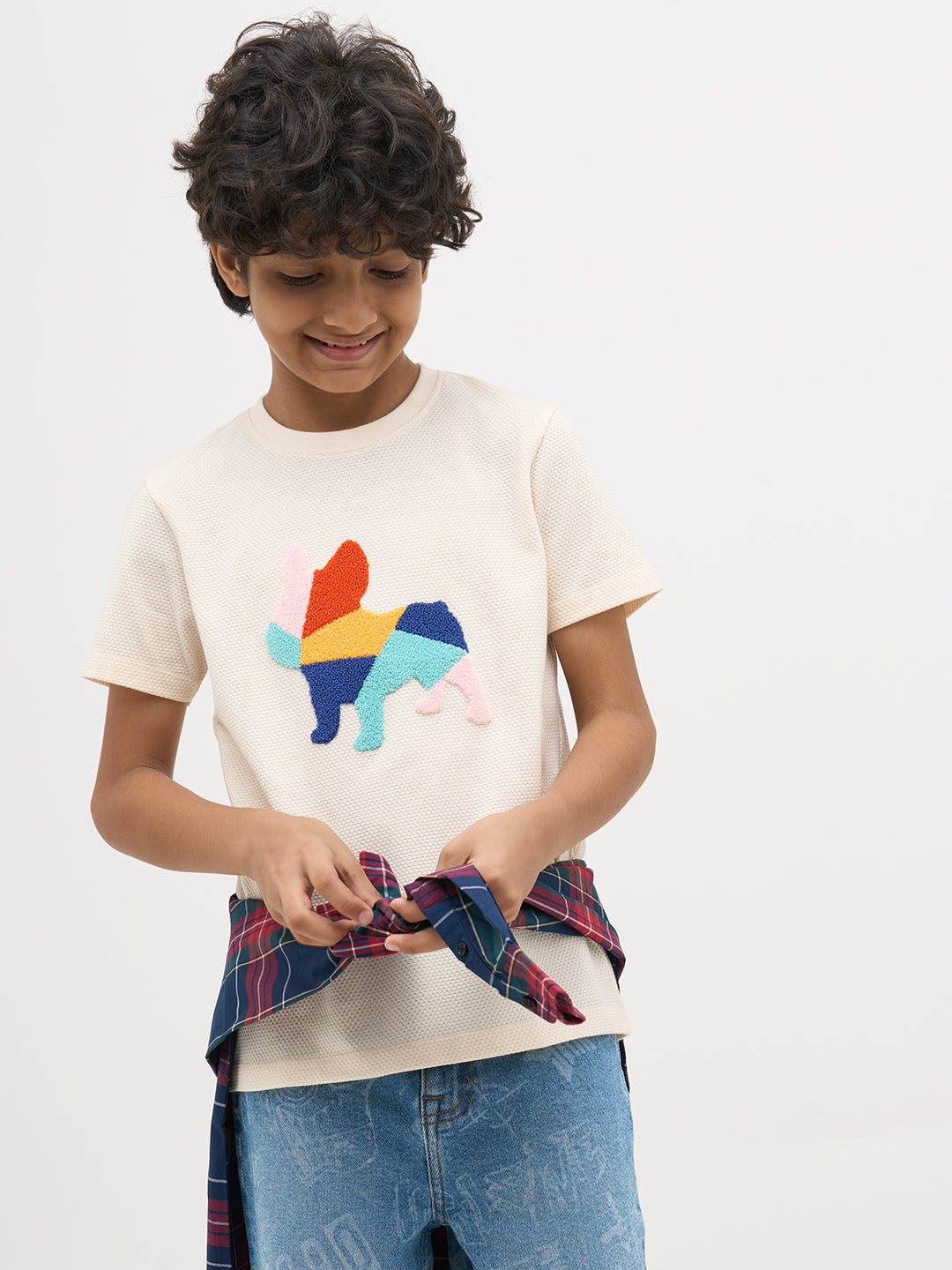 White Embroidered Dog Print T-Shirt