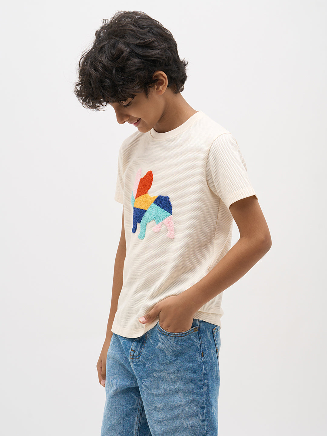 White Embroidered Dog Print T-Shirt