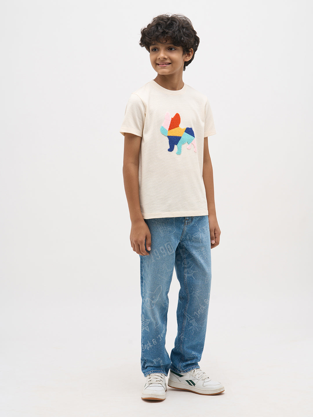 White Embroidered Dog Print T-Shirt