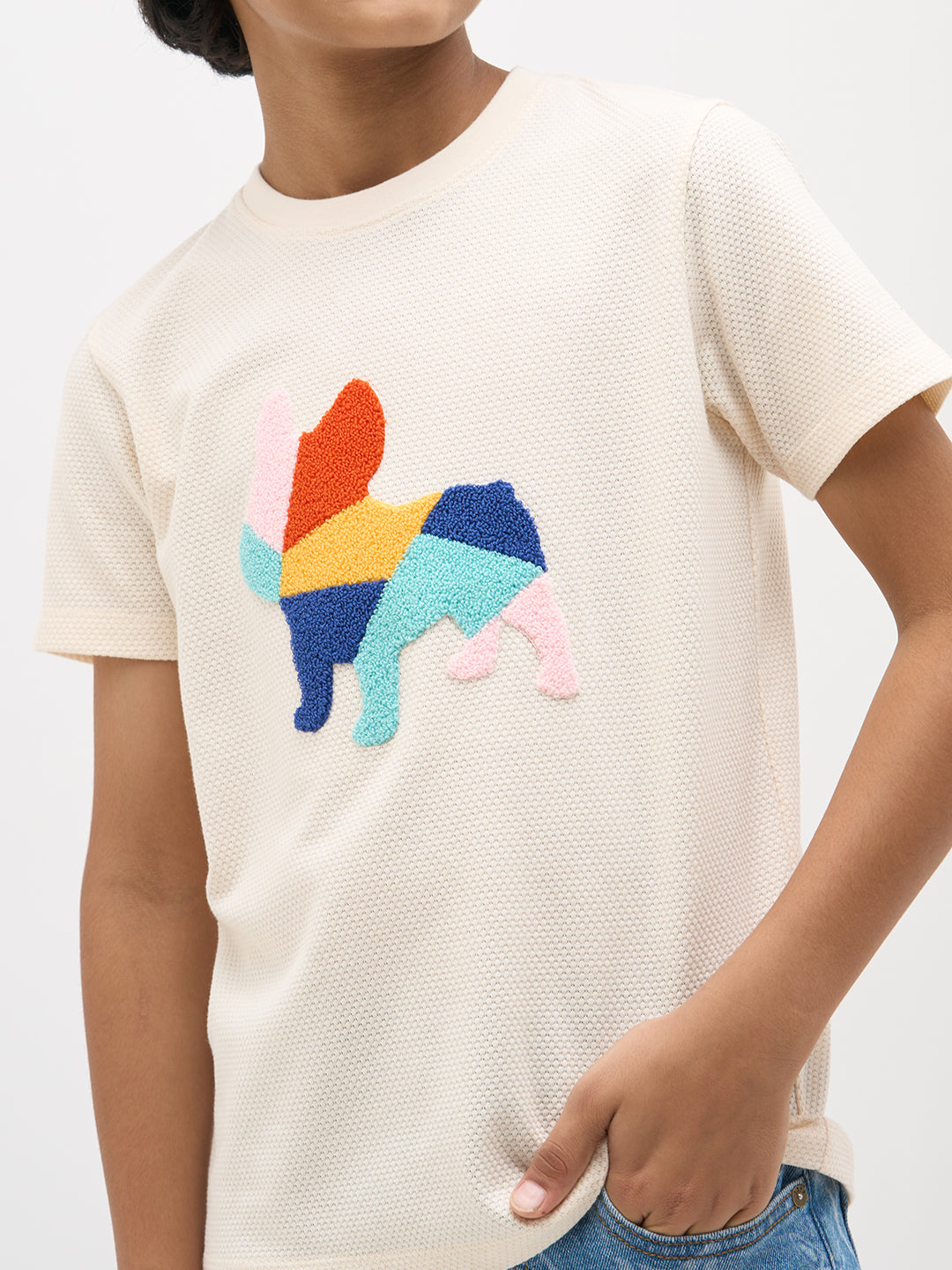 White Embroidered Dog Print T-Shirt