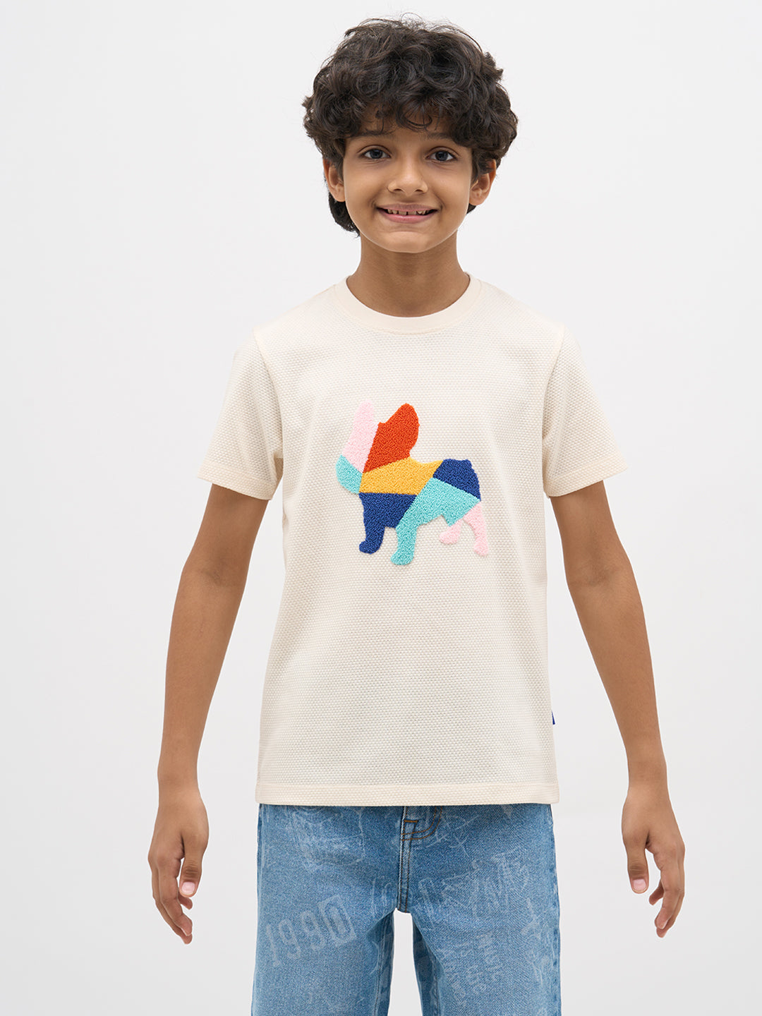 White Embroidered Dog Print T-Shirt