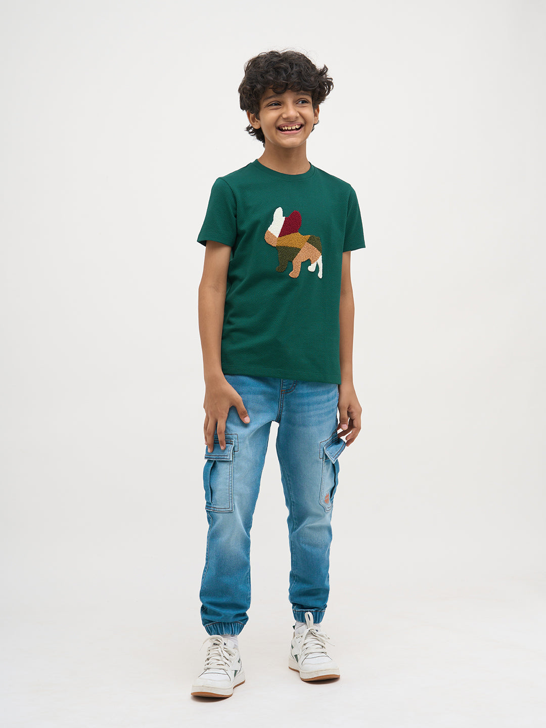 Green Embroidered Dog Print T-Shirt