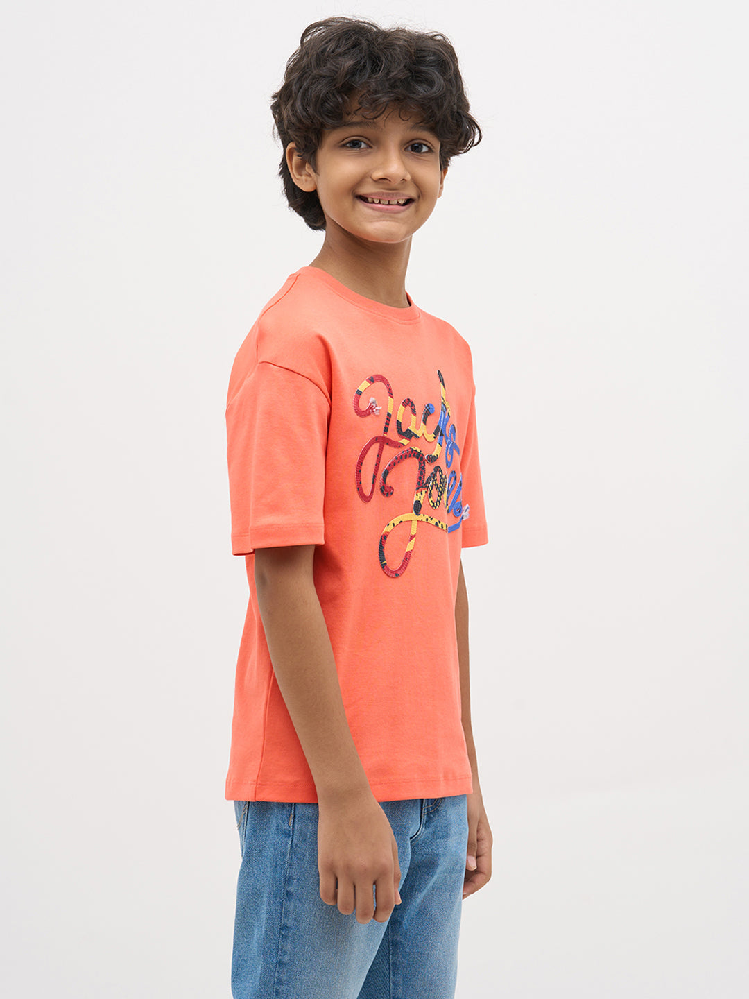 Orange Embroidered Cotton T-Shirt