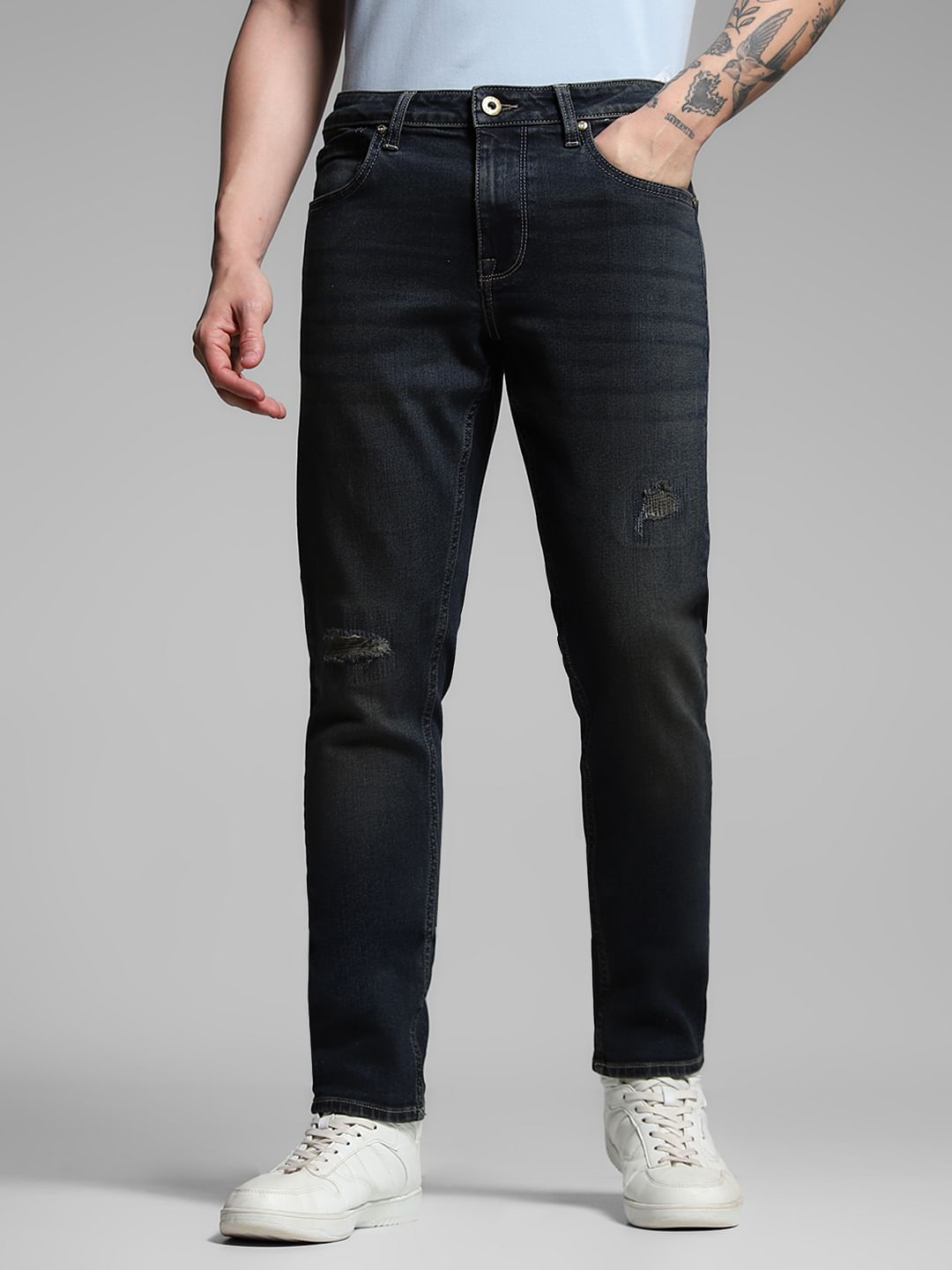 Dark Blue Distressed Glenn Slim Fit Jeans