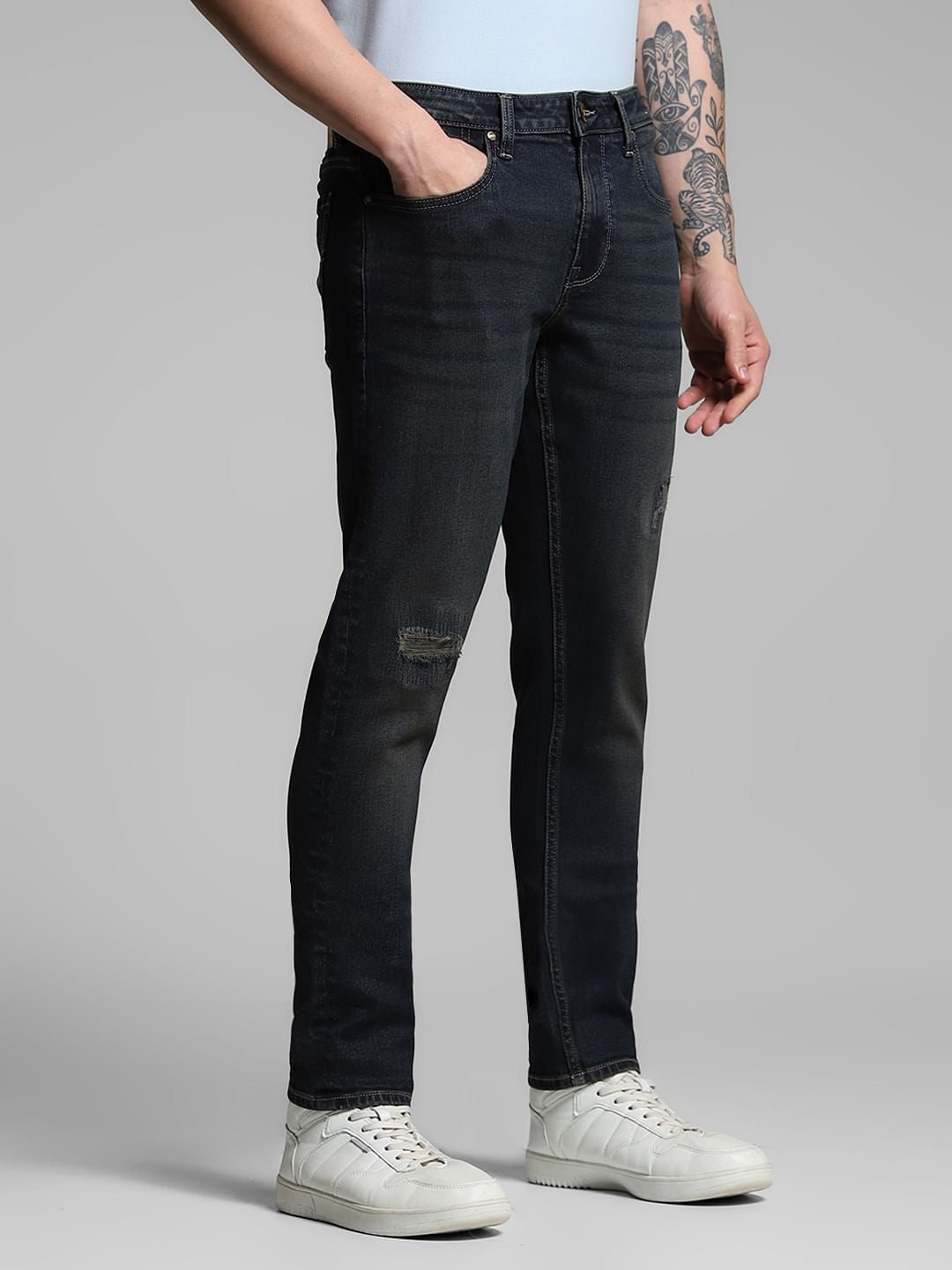Dark Blue Distressed Glenn Slim Fit Jeans