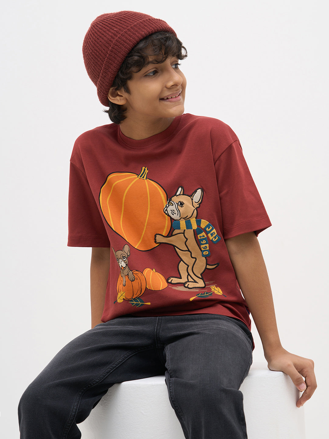 Rust Red Embroidered Print T-Shirt